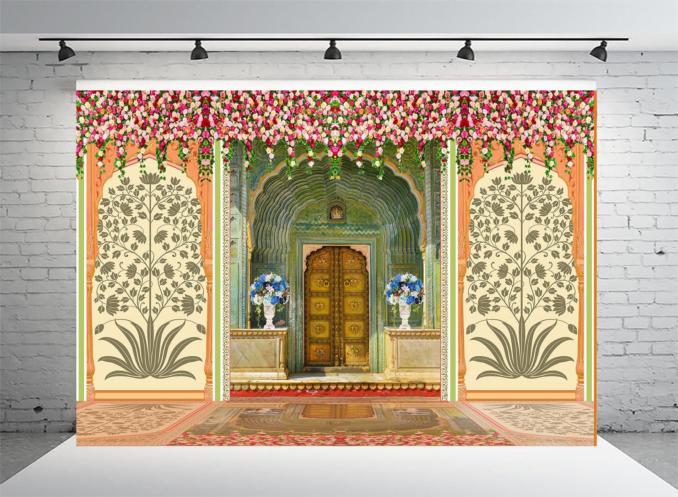 UL Floral Entrance Door Backdrop Cloth 8x10 ft – HD Printed Polyester Wedding & Pooja Entrance Decoration Background with Curtain Rod Loop | Washable Festival & Mandap Decoration Cloth-image-6
