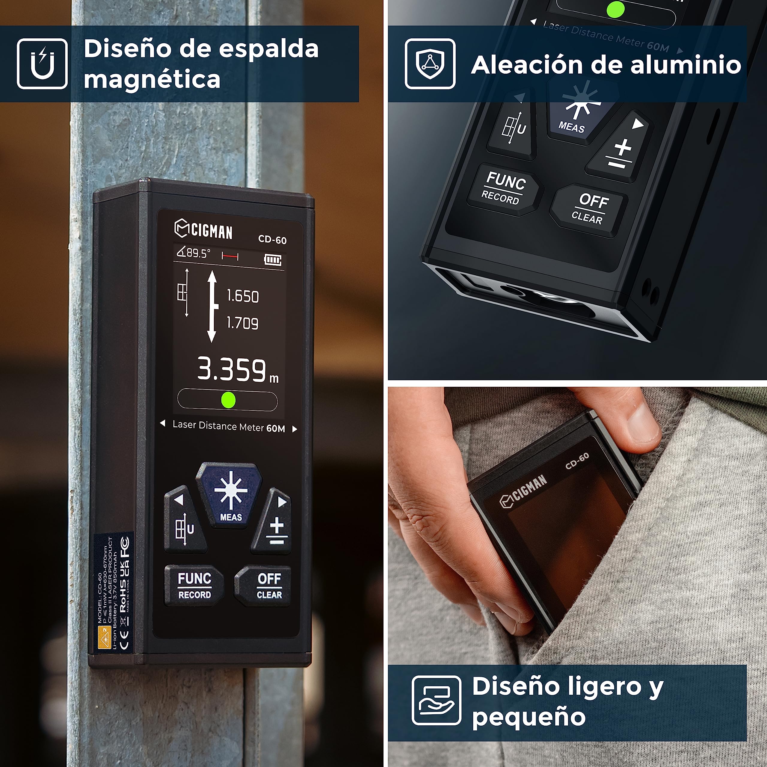 CIGMAN Telémetro Láser Bilateral, hasta 120m (hasta 60 m en Cada dirección), batería Recargable, Cable de Carga Tipo C, CD-60