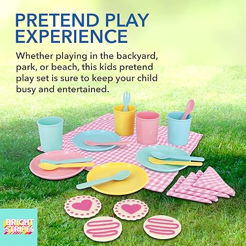 Miniatura 3 de Bright Stripes Juego de cestas de picnic para niños, suministros para fiestas de té, juguetes para niños, incluye 4 vasos de plástico, platos,