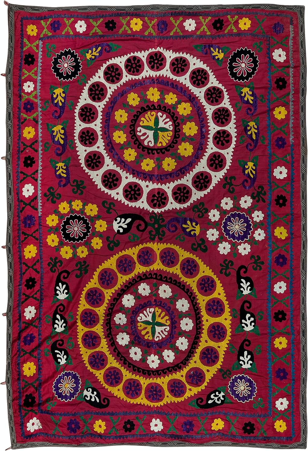 5x6.7 Ft Vintage Suzani Bedspread, Silk Hand Embroidered Bed Cover, Turkish Wall Hanging, Traditional Tapestry. RS151