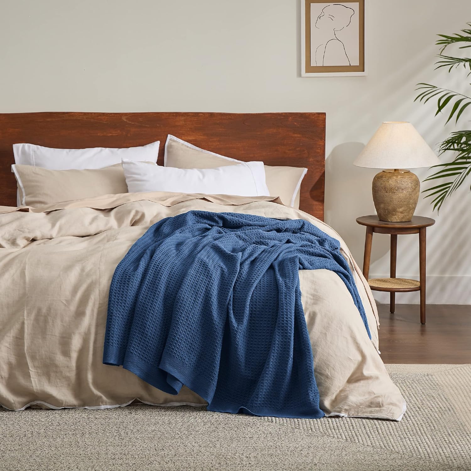 Bedsure 100% Cotton Blankets Queen Size for Bed - 405GSM Waffle Weave Blankets for Summer, Cozy and Warm, Navy Soft Lightweight Woven Blankets for All Seasons, 90x90 inches