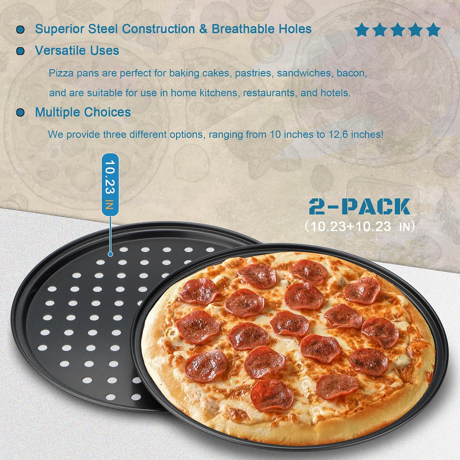 10 inch Pizza Pan with Holes, 2-Pack Carbon Steel Perforated Non-Stick Pizza Tray, Round Crispy Baking Pan for Home Kitchen