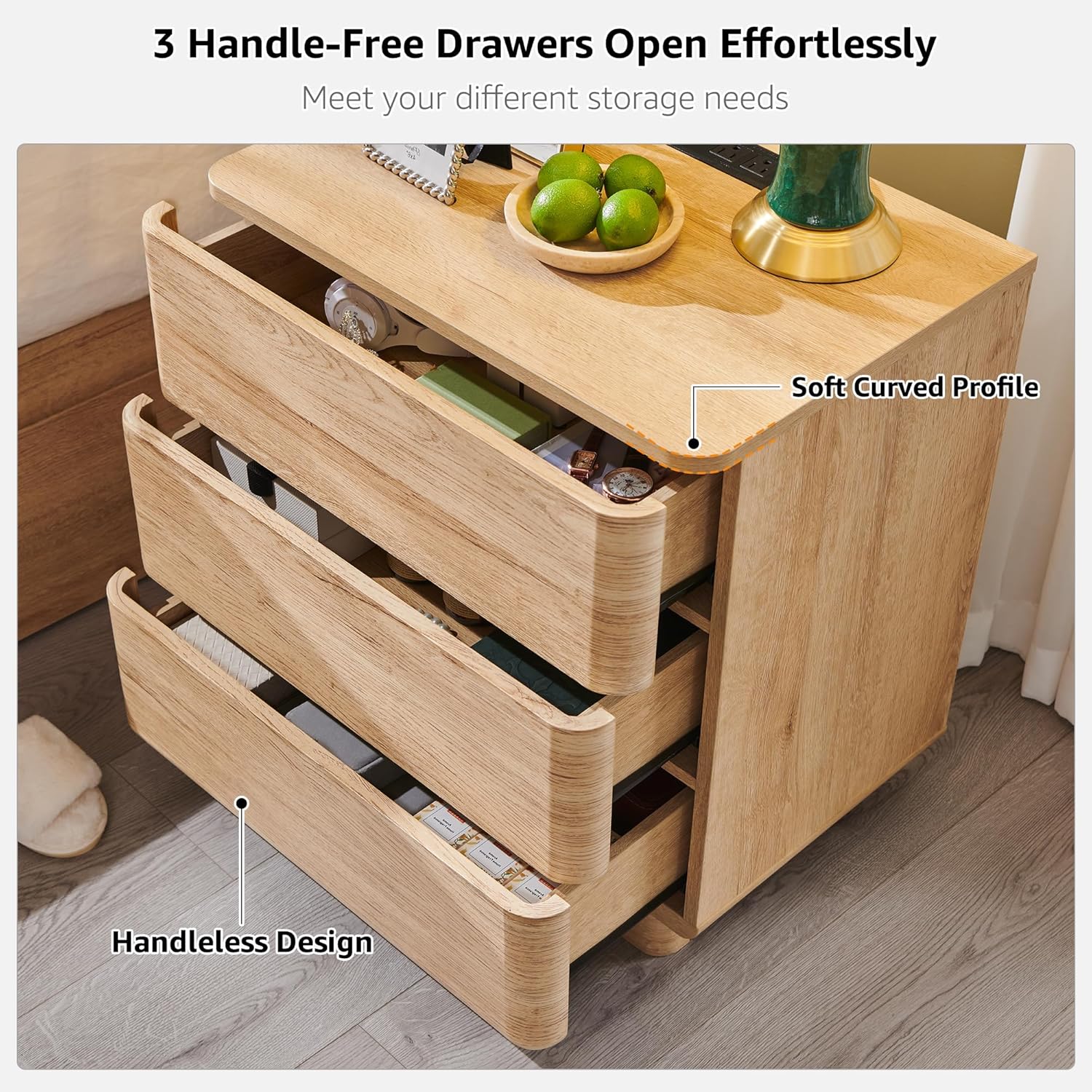 JXQTLINGMU 22" Modern Nightstand with Charging Station, Large Push-to-Open End Table, Wood Bedside Table w/Curved Profile Design, Handleless 3 Drawer Night Stand for Bedroom, Living Room, Natural Oak