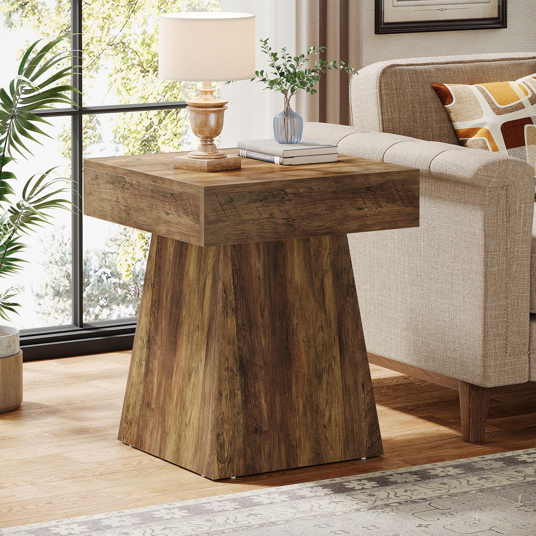 Tribesigns Small End Table Set of 2, Rustic Square Side Table with Wide Base, Farmhouse Small Nightstand Beside Bed, Next to Armchair, for Living Room, Brown