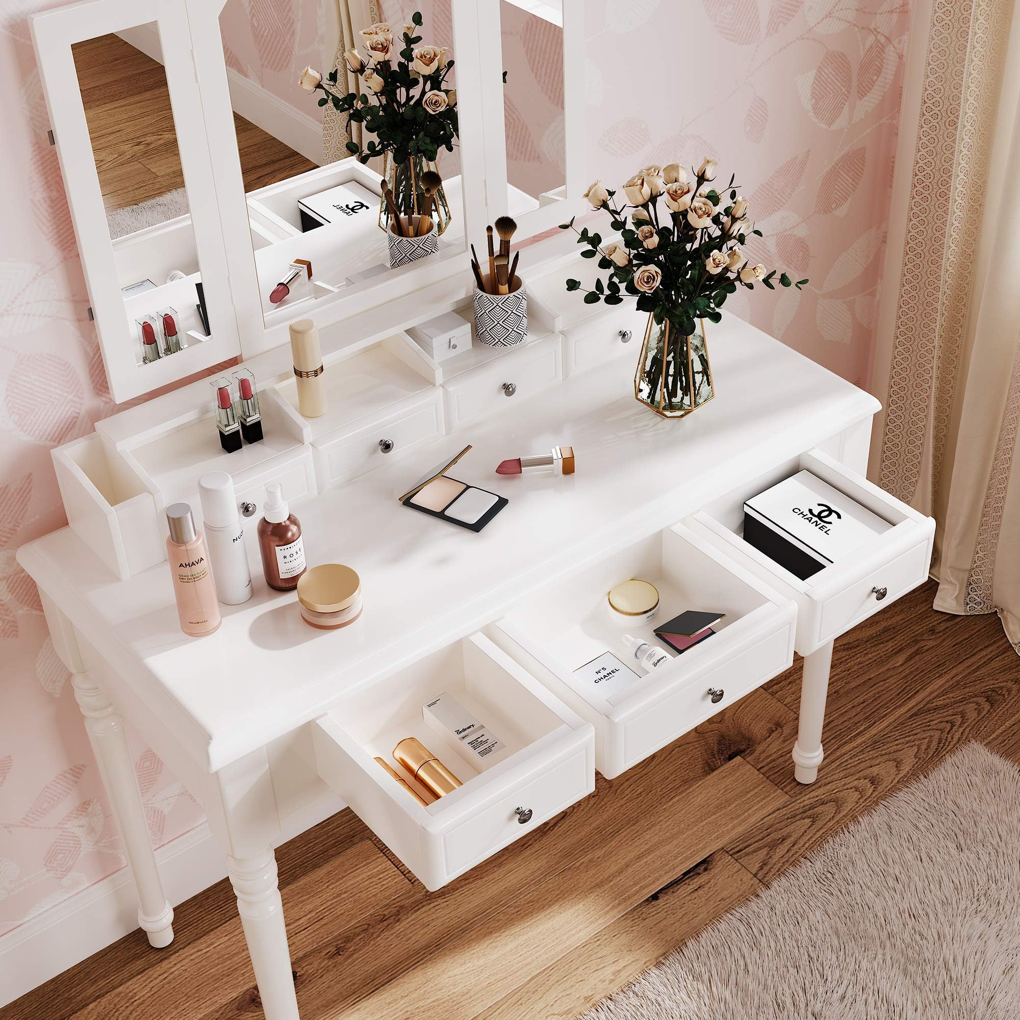 M&W 42.5" Large Makeup Vanity Table Set with Tri-Folding Mirror, Dressing Table and Cushioned Stool with 7 Drawers for Bedroom, Gift for Women, White