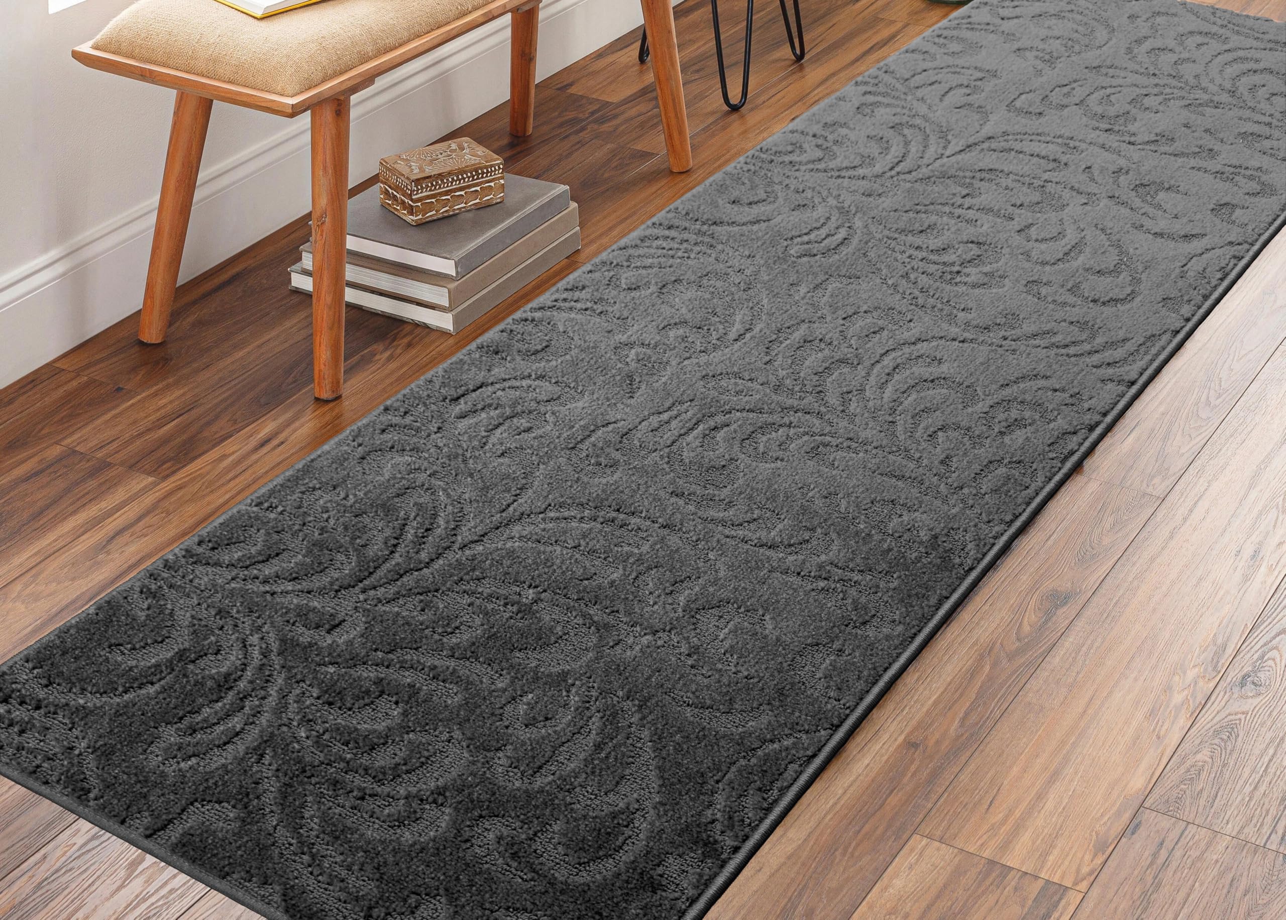 11 ft Non-Skid Anthracite Grey Carpet Runner Rug with Rubber Backing for Hallways Entryway Kitchen Bathroom, Custom Length, Floral, 27" X 11'