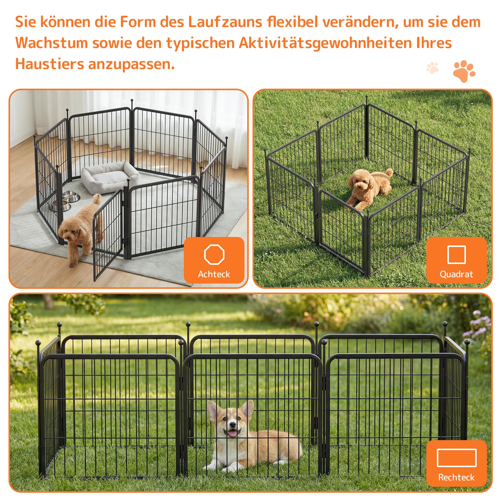 Frost IX Welpenauslauf 60cm Hoch, 8-teilig Faltbar Hundelaufstal mit Tür - Freilaufgehege für Welpen, Katzen & Kleintiere, Werkzeugloser Aufbau, Tragbarer Hundezaun für Indoor, Garten & Camping