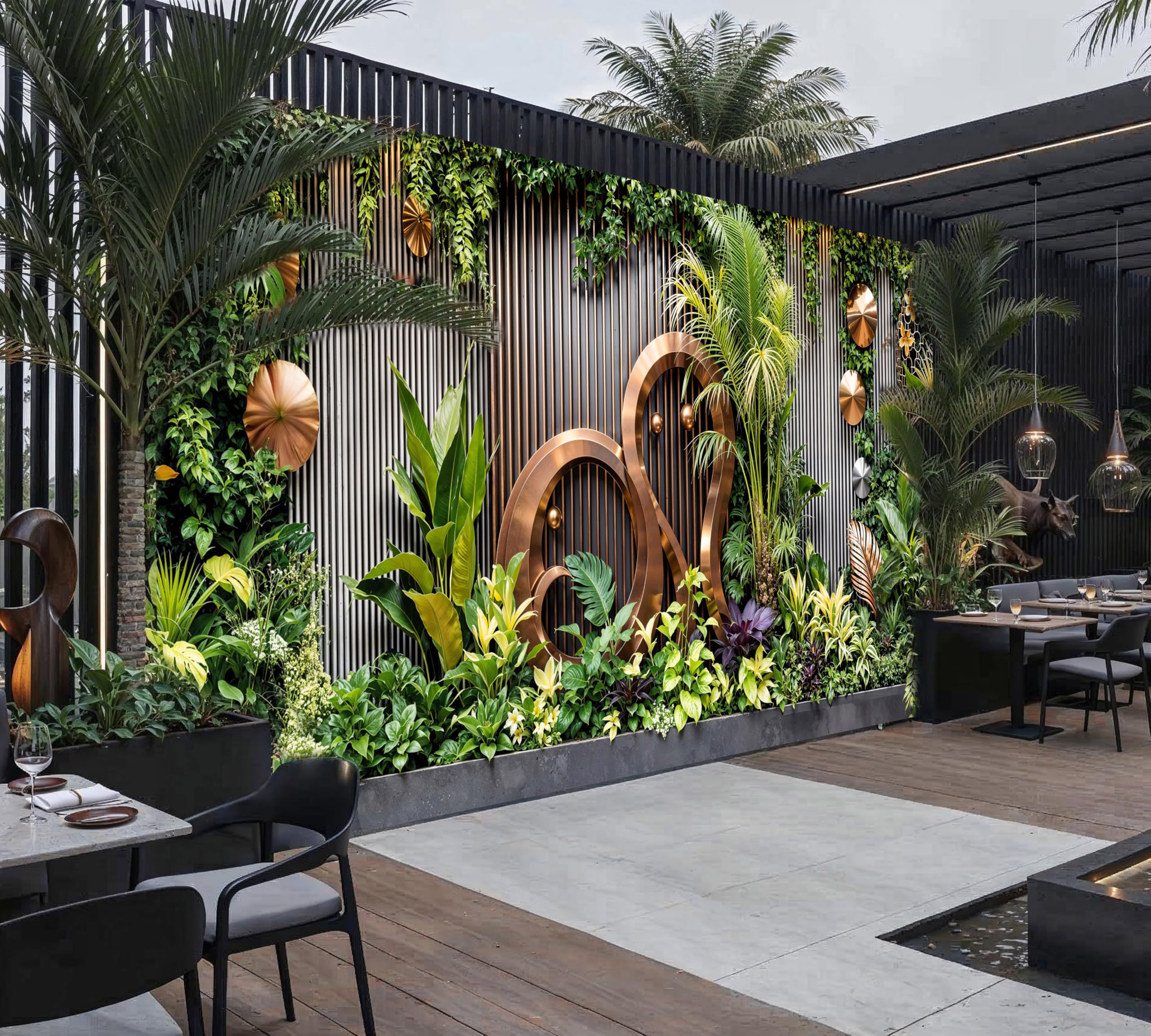 Sabrikas Let Your Creative Spirit Run Free Green Modern Tropical Oasis Outdoor Mural Curtain Contemporary Vertical Garden Wall Art, Decorative Tapestry, Copper Accent Botanical Home Design, Luxury Garden Backdrop (W300cm X H180cm)