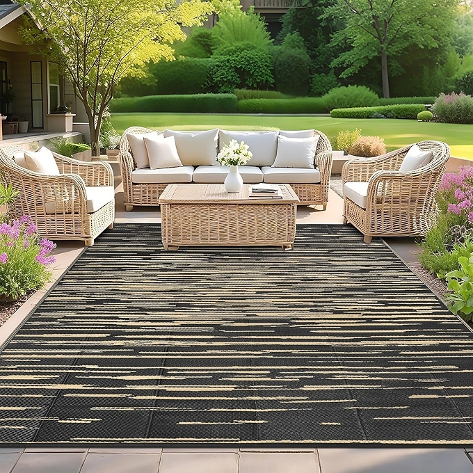 HEBE 8x10户外防水可翻转地毯 适用于露营和庭院使用的几何图案塑料地毯 灰色