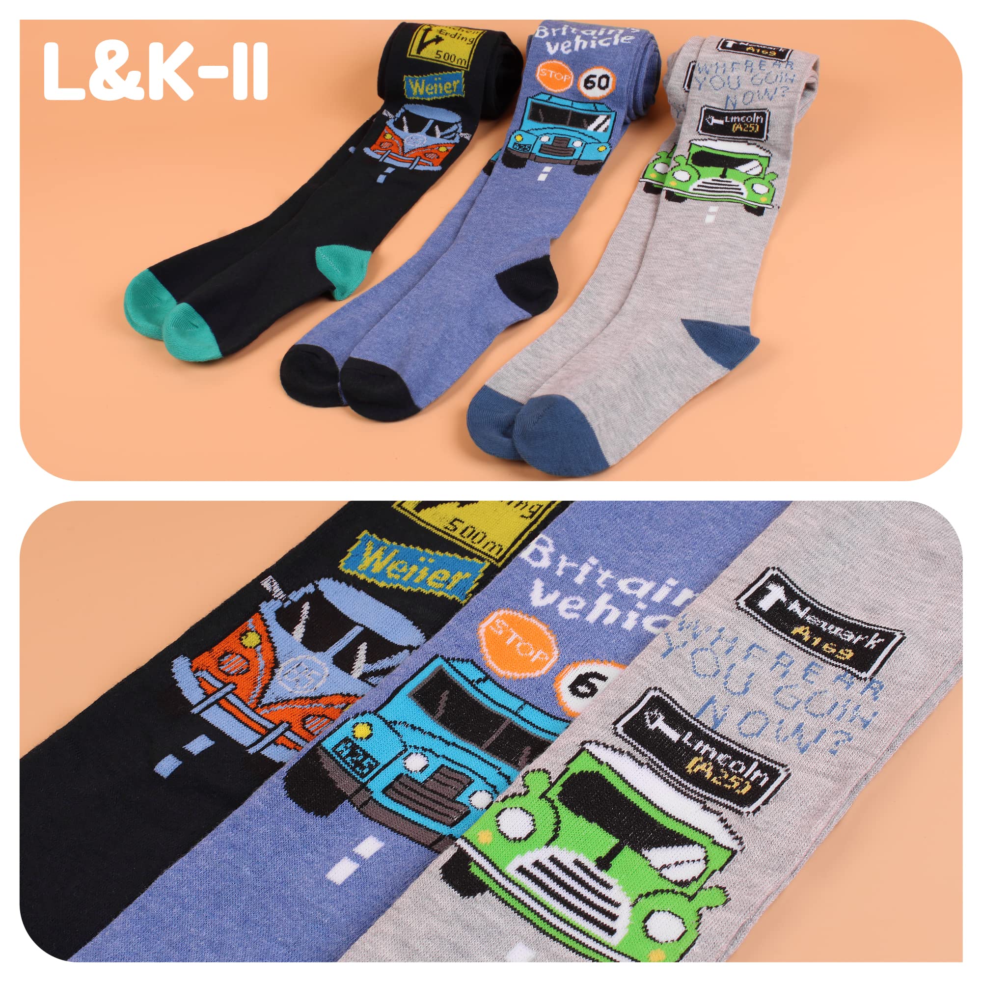 L&K-II Lot de 6 collants en tricot pour garçons et enfants avec bandes de football et motifs de voiture Multicolore 2727