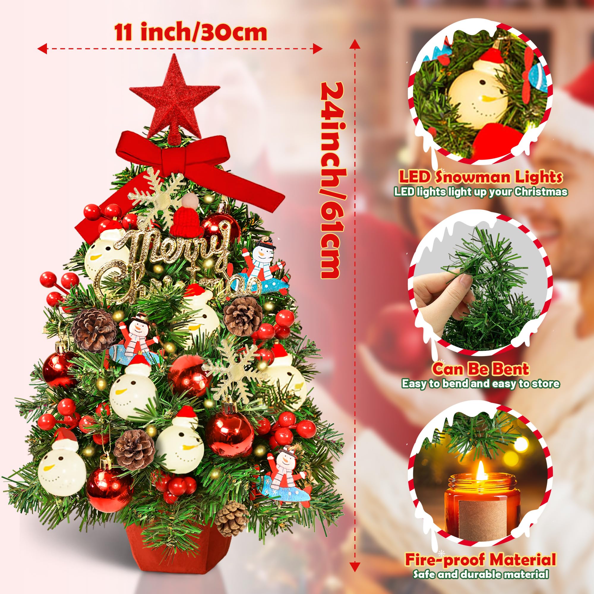 2FT Tabletop Mini Christmas Tree, 24 Inch Small Artificial Christmas Tree with Warm LED Lights, Star Treetop, DIY Ornaments, New Xmas Pine Tree Decoration for Kid Friend Family Holiday Home Office