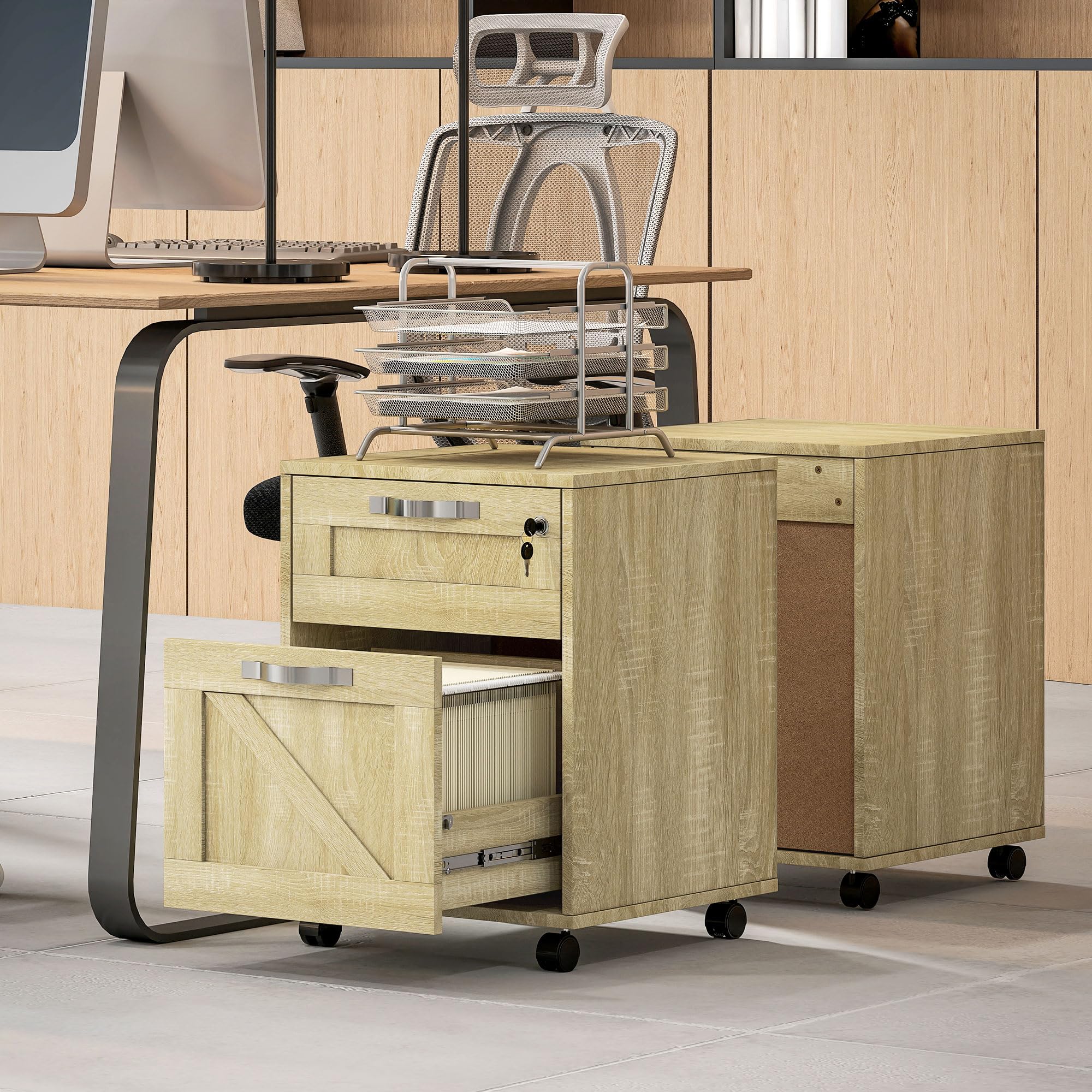Vinsetto Cajonera de Oficina con 2 Cajones Cajonera con Ruedas Mueble Archivador Móvil con Cerradura y Carpetas Colgantes para Tamaño A4 41x42x56 cm Natural