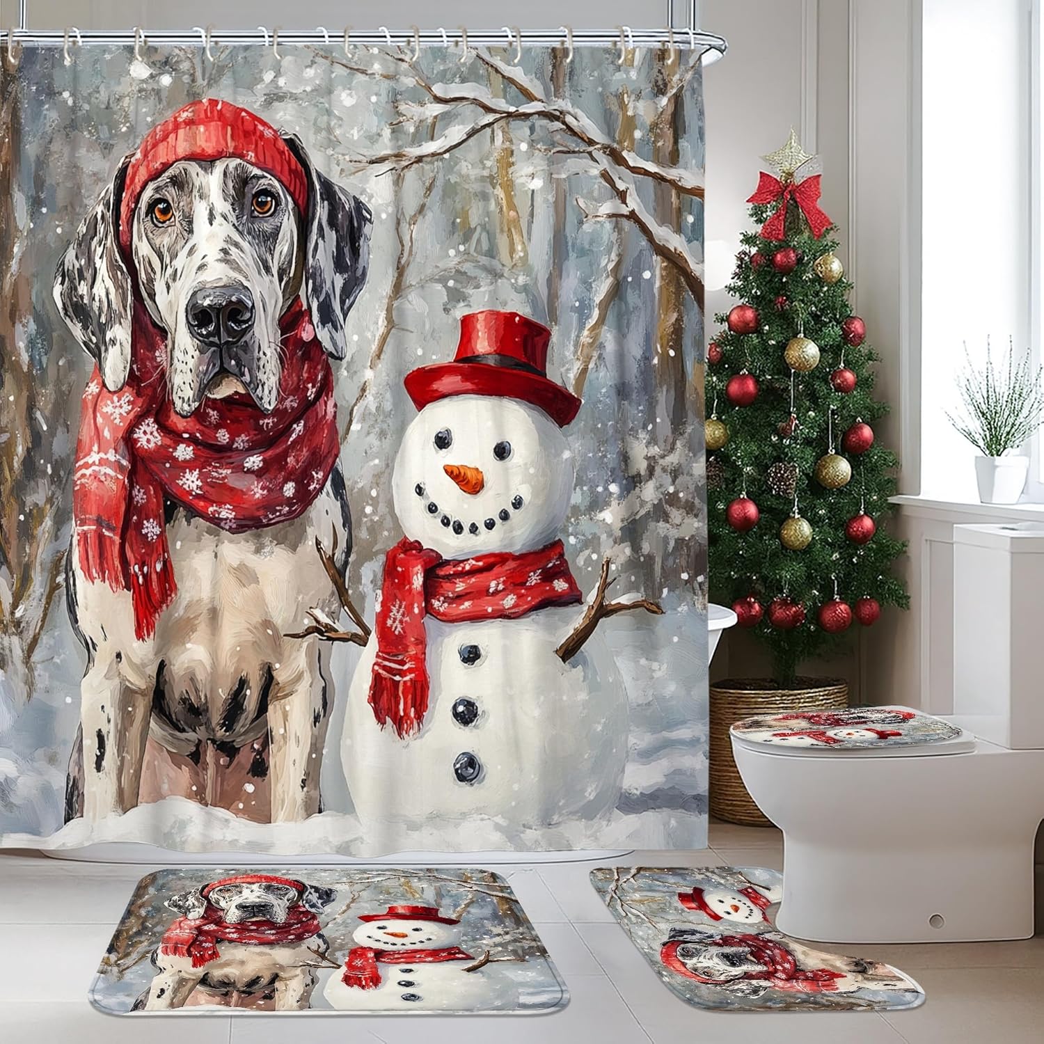 4PCS Winter Christmas Great Dane Dog Bathroom Sets with Non-Slip Rug, U Shape Toilet Lid Cover Mat, Snowman Xmas Puppy Pet Bathroom Decoration 72''x72''