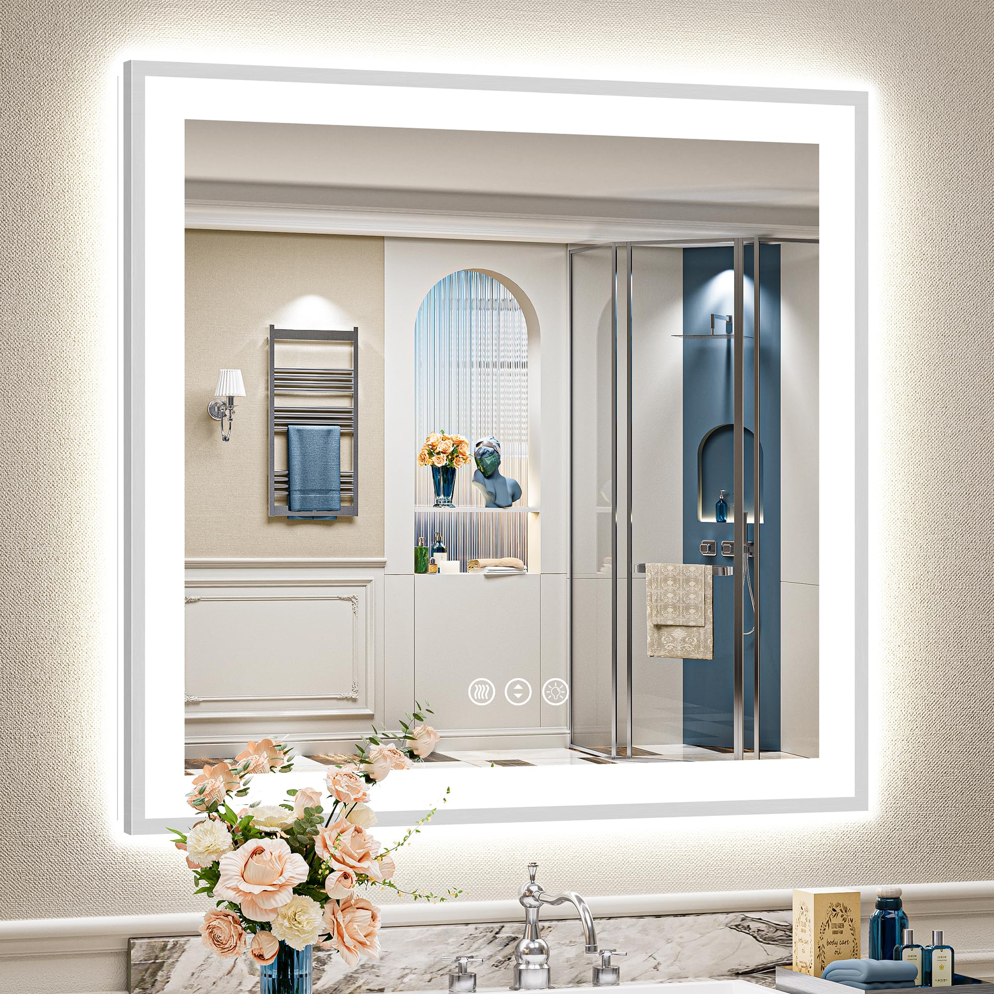 36x36 Inch Brushed Nickel LED Bathroom Mirror, Backlit &amp; Front-Lit | Silver Framed, Anti-Fog Lighted Vanity Mirror, Dimmable, 3-Color Temp, Memory, CRI95, Shatterproof, Tempered Glass, UL Listed