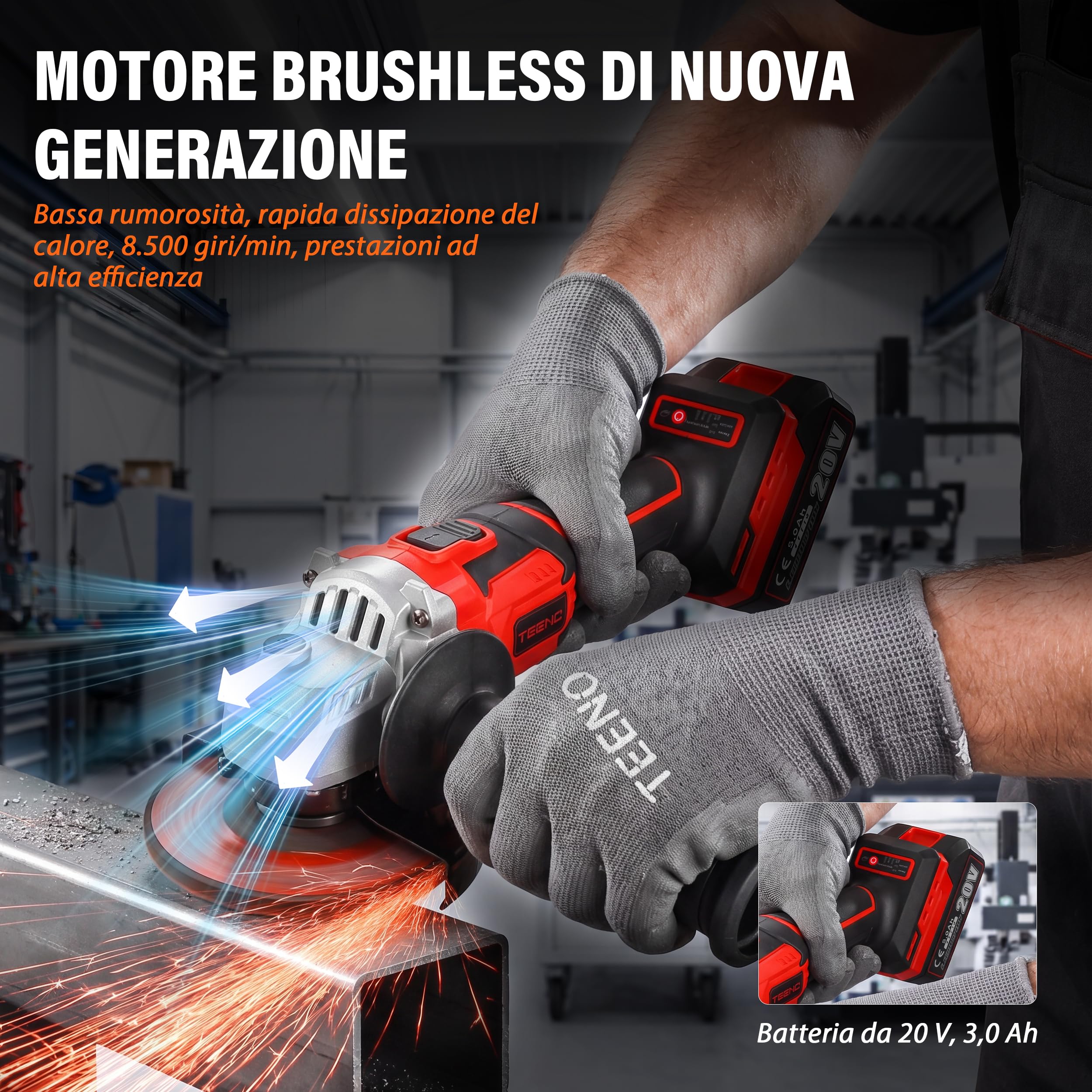 TEENO Kit 3 in 1: Trapano, Chiave a impulsi, Smerigliatrice Angolare | Dotato motore brushless, due batterie 3Ah, fanale LED e velocità variabile, perfetto per taglio, foratura e fissaggio
