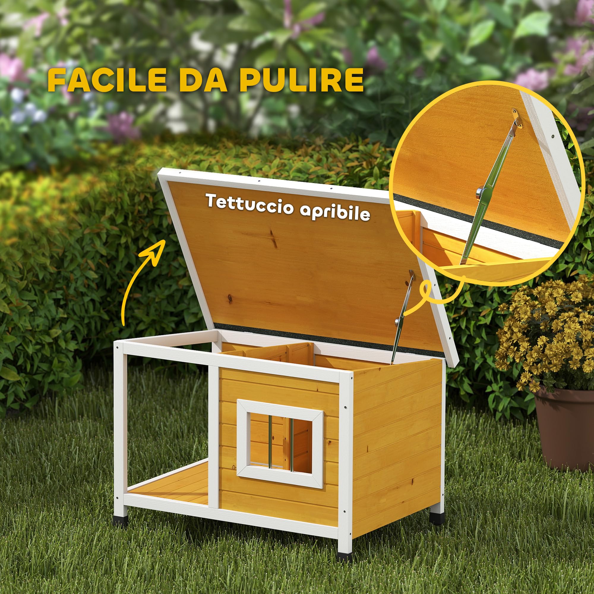 PawHut Cuccia per Cani da Esterno Rialzata con Veranda Coperta e Tetto Inclinabile, Cuccia da Esterno per Cane in Legno di Abete, 85.5x62x60 cm, Multicolore