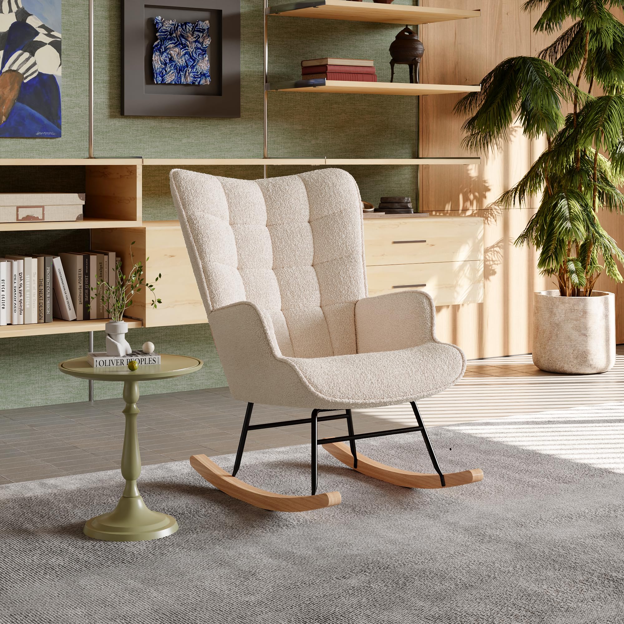 Fauteuil à Bascule, Rocking Chair, fauteuil a Basculeavec Polaire Sherpa, chaise a Bascule Allaitement, Chaise à basule, avec Pieds en Bois Massif pour Salon, Chambre, Balcon, Terrasse, Jardin