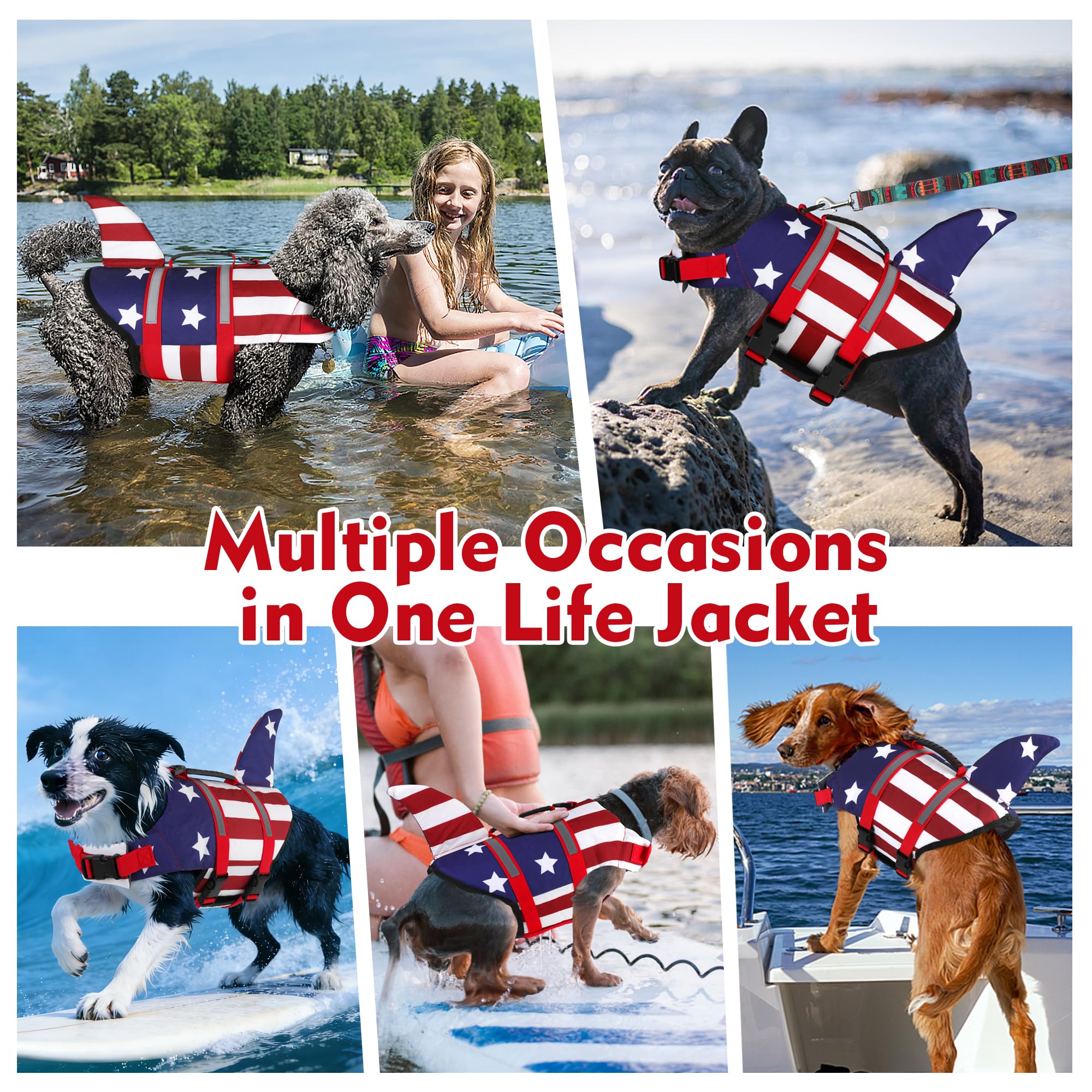 Dogcheer Gilet de sauvetage pour chien, motif requin, drapeau américain, gilet de sauvetage pour chien, flottabilité élevée et poignée de sauvetage, gilet de flottaison réglable pour chiens de petite,