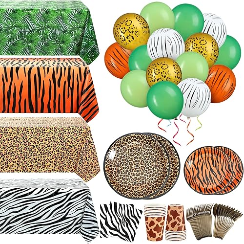 Miniatura 1 de Jerify 169 piezas de suministros de fiesta de cumpleaños con estampado de animales del zoológico de safari de la selva, incluyendo platos de papel,