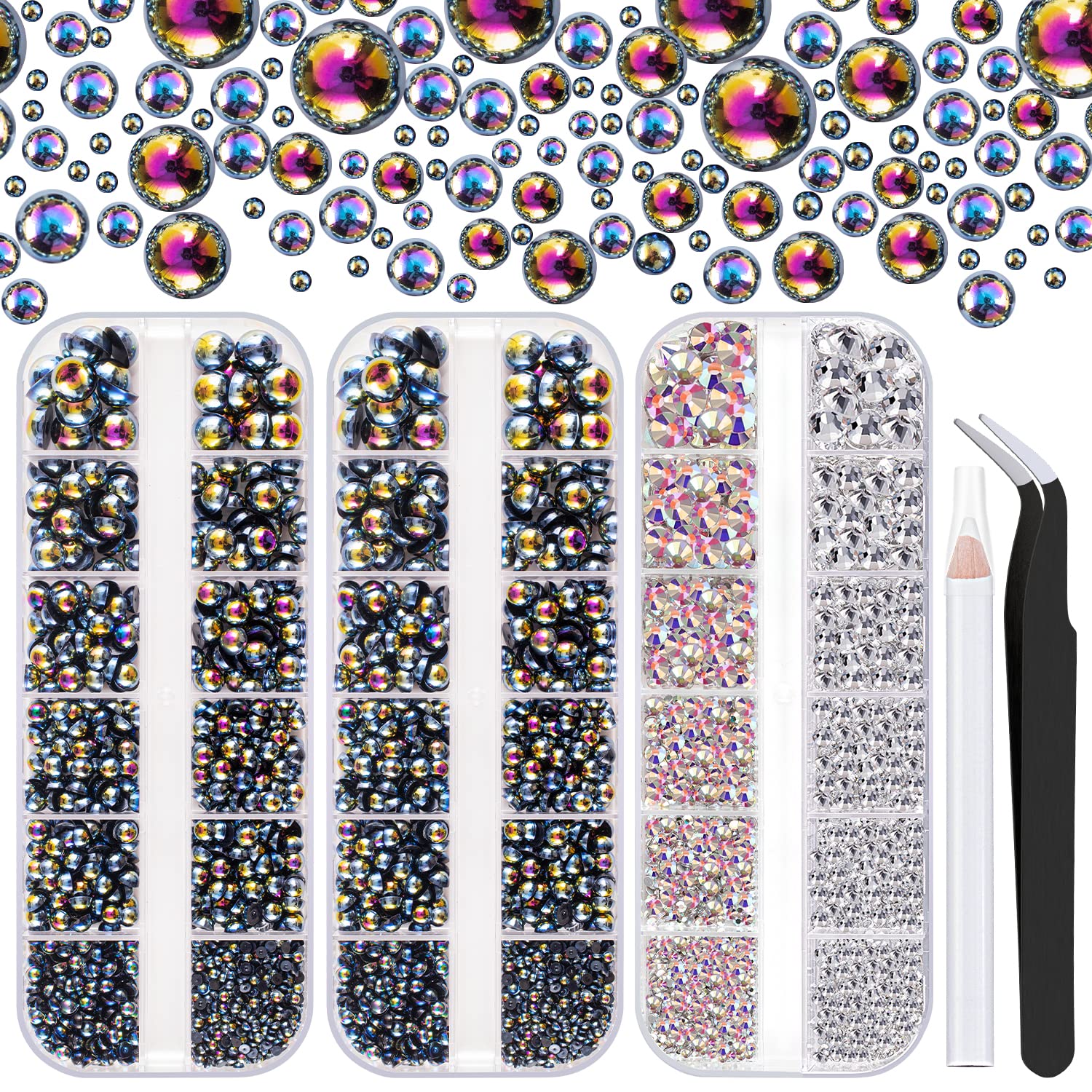 4000PCS Flatback Rhinestones and Half Round Pearls Kit #5, Multi Size Glass Clear & AB Crystals, Plastic Flat Back Black AB Dome Bead with Pickup