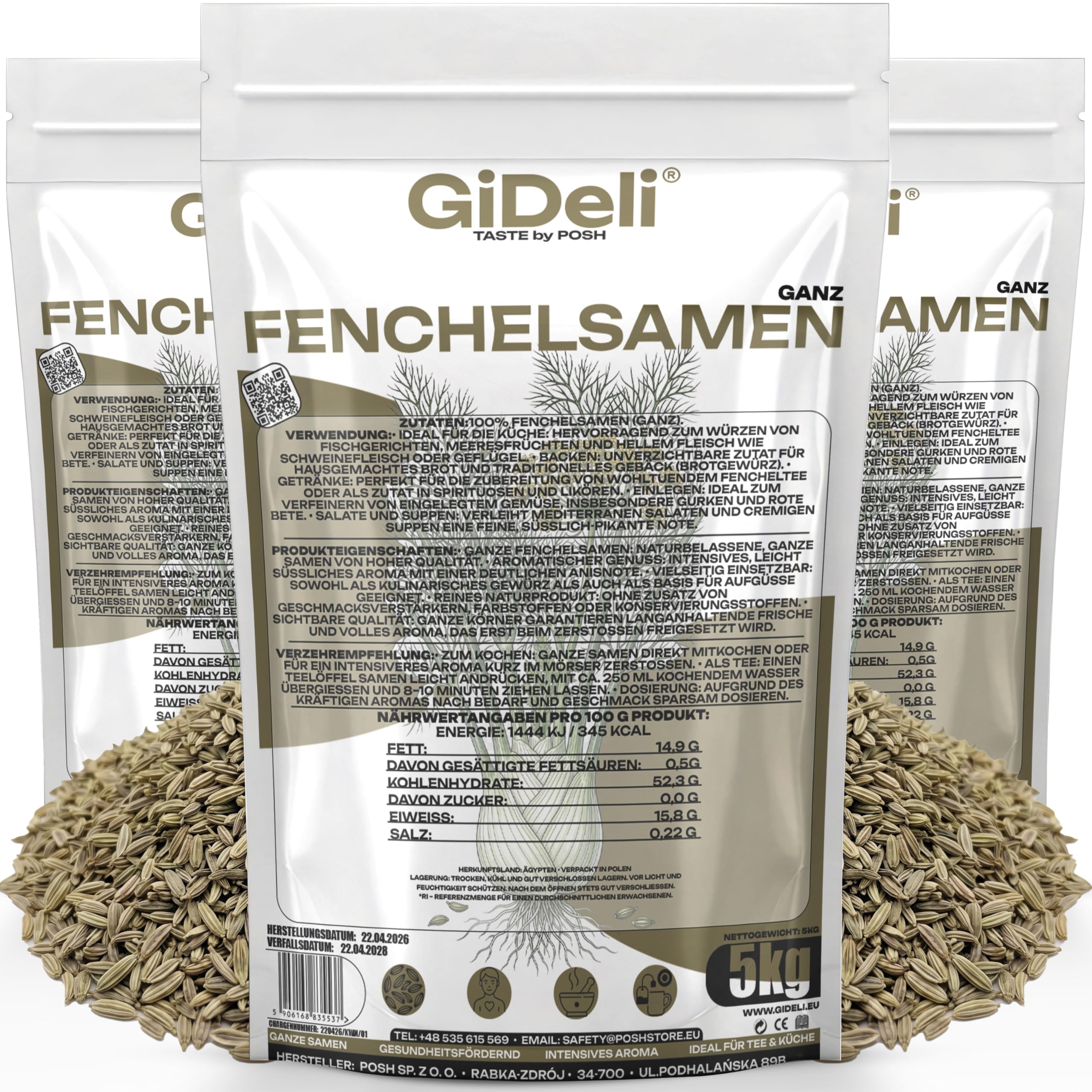 GiDeli Fenchelsamen Ganz aus Ägypten 3x5kg - 100% Naturrein & ohne Zusatzstoffe - Premium Fenchelsaat für Fencheltee, Kräutertee & Brotgewürz - Mediterrane Würze mit Anisnote