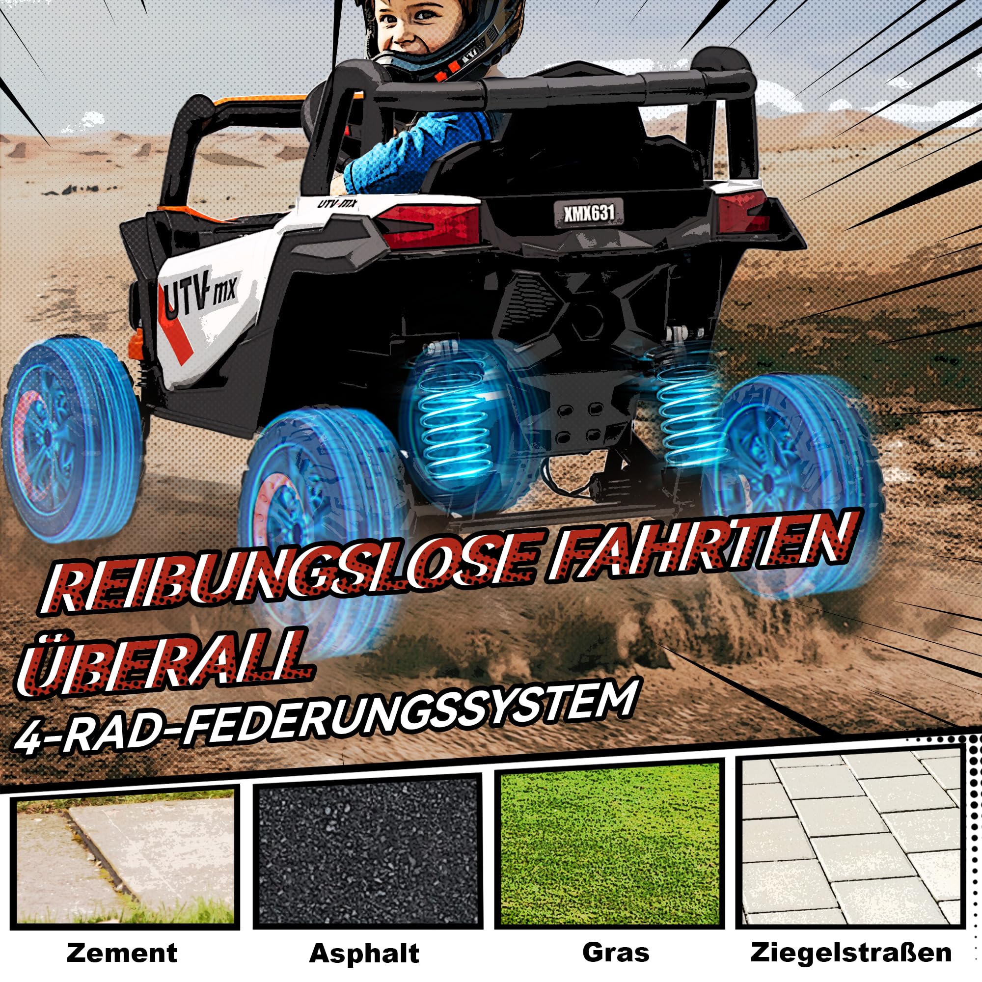 AIYAPLAY Kinder Elektroauto 12V mit 2,4 GHz Fernbedienung 2 Motor Orange | Kinderauto UTV, Kinderfahrzeug, Softstart, Federungssystem, LED-Leuchten, Musik, USB-Anschluss, Hupe, Für 3-5 Jahre