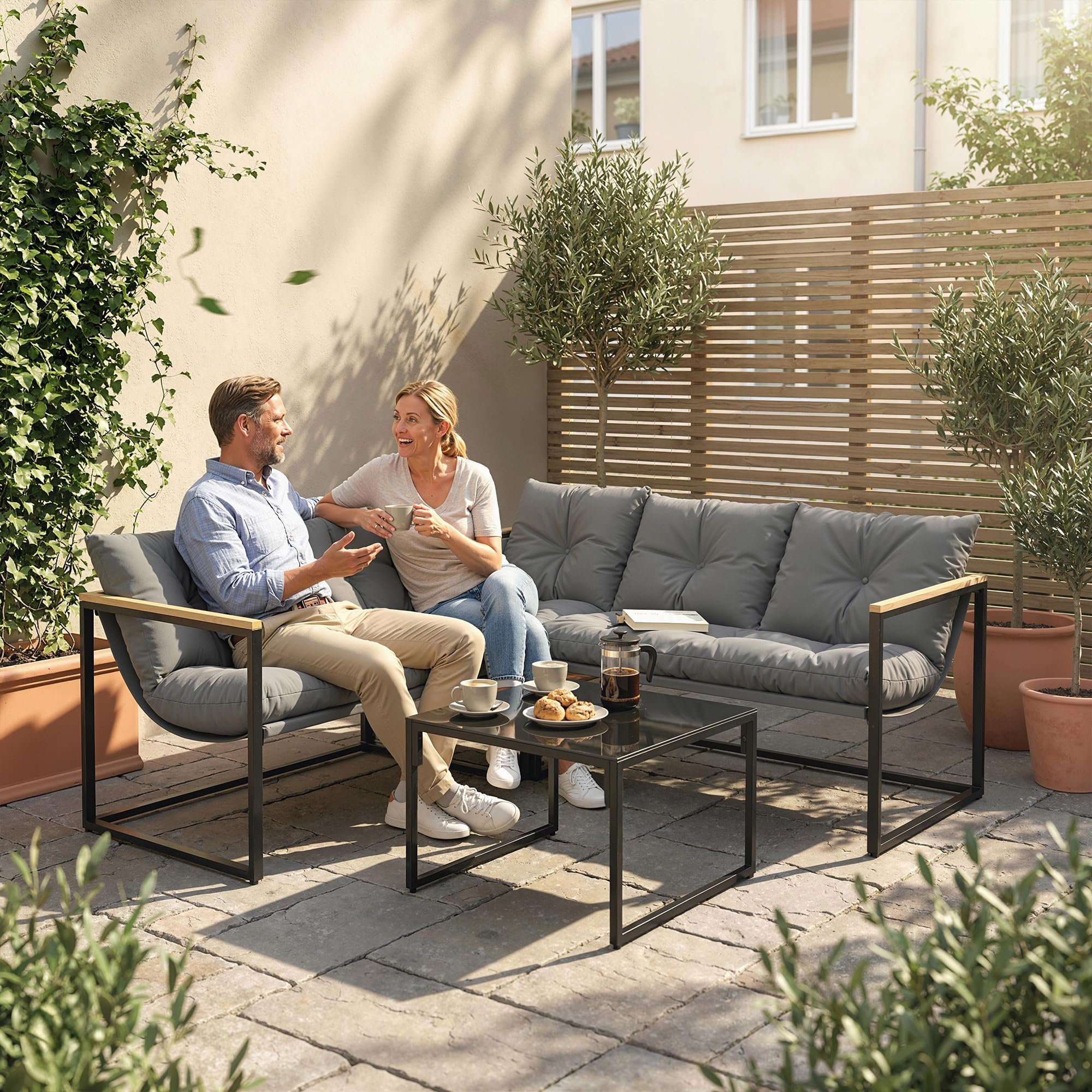 Outsunny Conjunto de Muebles Jardín Exterior de 4 Piezas Forma L Gris | Sofá Seccional Resistente, Cojines Gruesos, Sofá de Esquina, 2 Sillones de 2 Plazas, Mesa Centro Vidrio Templado