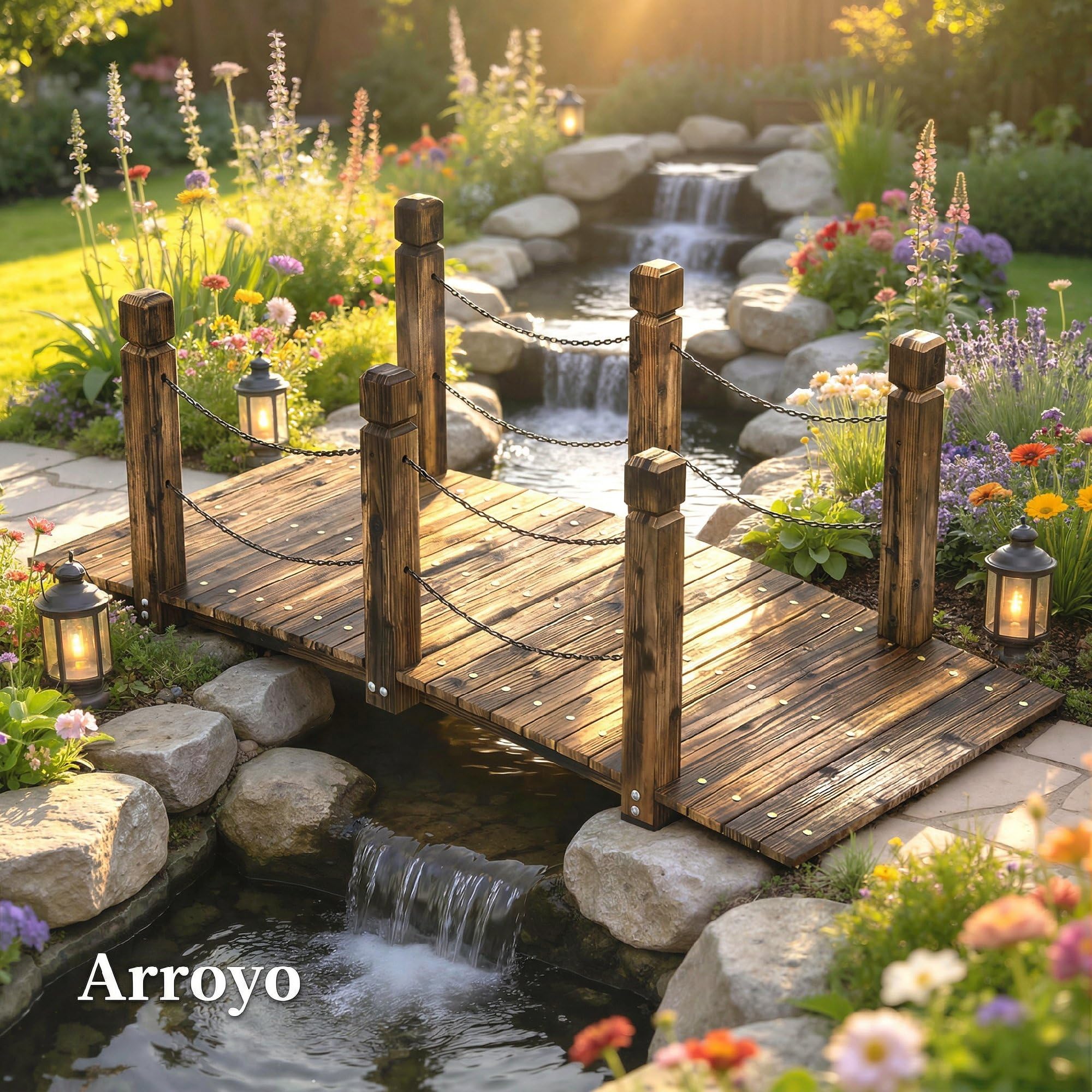 Outsunny Puente de Jardín de Madera, 1,51 m, Puente Decorativo para Estanques Rústico con Barandillas de Seguridad, Carga 200 kg, Construcción Resistente, Carbonizado