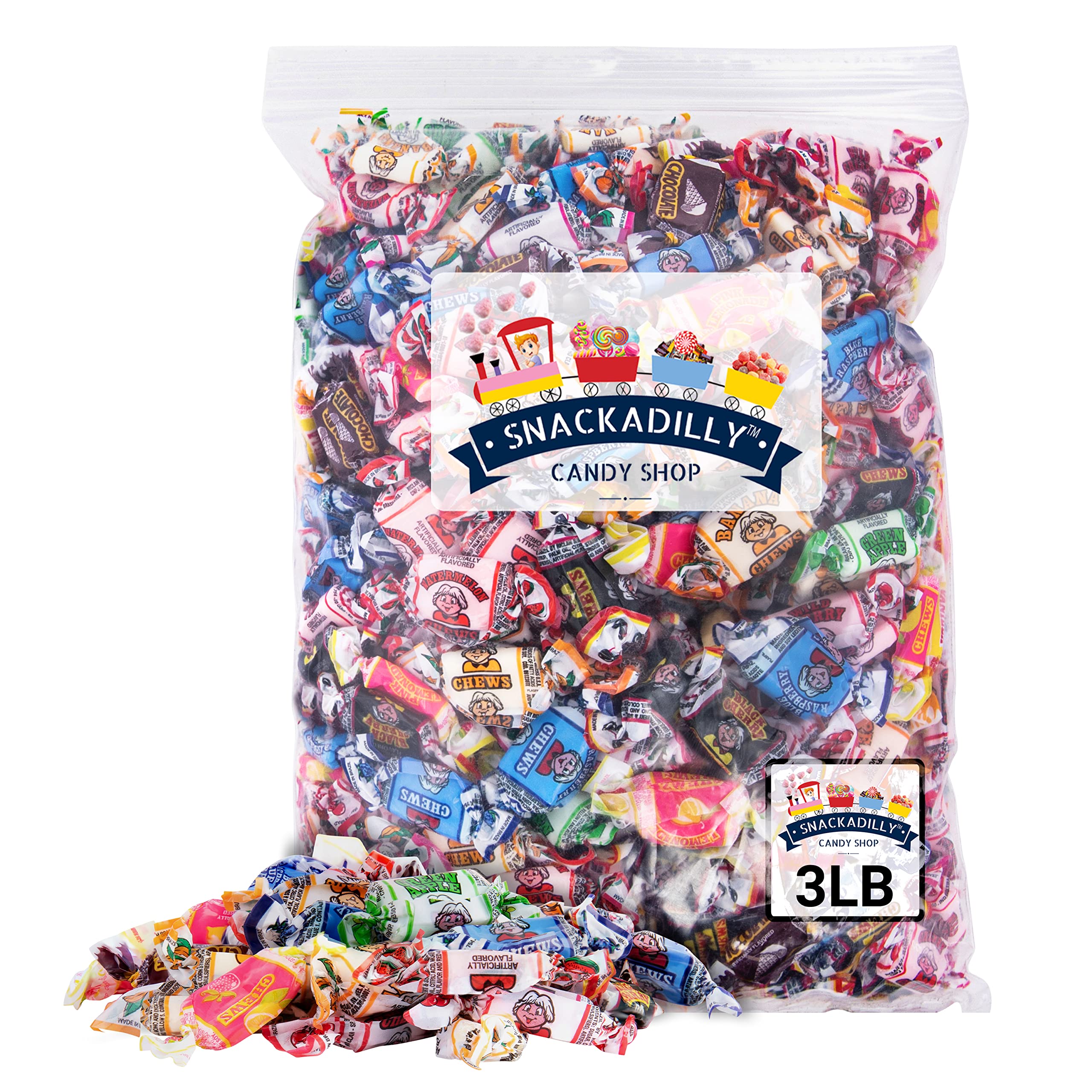 Fruit Chews Bulk VALUE SIZE 3Lb Bag "480 Chews" - All 15 Flavors Including Sours! - Blue Raspberry, Banana, Watermelon, Green Apple, Chocolate, Peach, Vanilla, Grape, Strawberry, Pink Lemonade, Cherry, Black Cherry - Packaged By Snackadilly