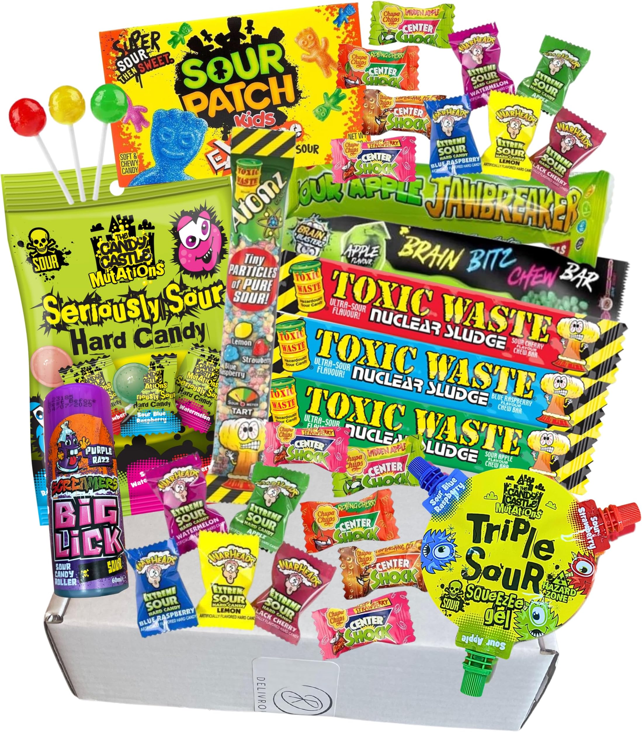 Mega Extreme Sour Sweets Selection - Toxic Waste Chew Bars, Seriously Sour Candy, Warheads, Chuppa Chup Gum, Sour Lick/Gel & Many More - Exclusive To Rowevolve