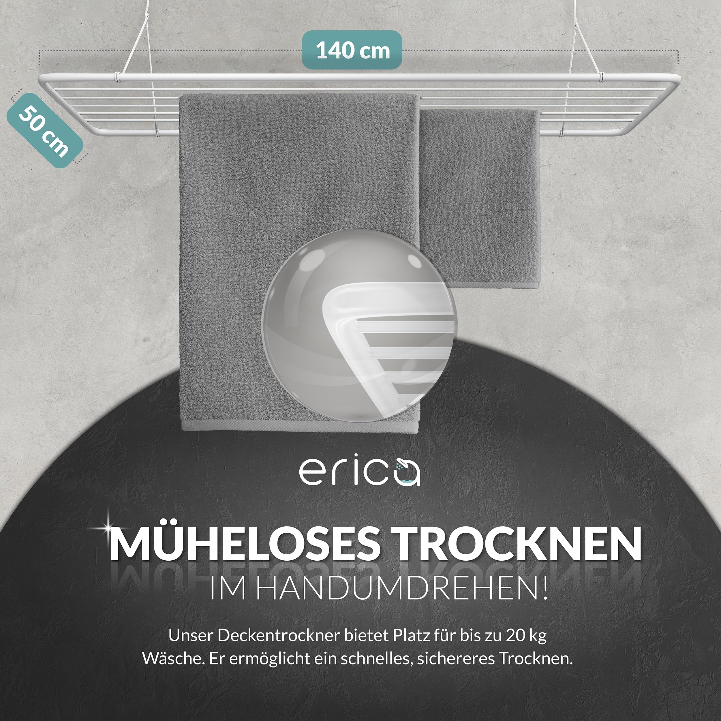 Erica Wäscheständer Decke 140x50cm, Platzsparend mit 11,2m Trocknungsfläche, Vertikal zusammenklappbar 2,5m, Deckenwäschetrockner aus Metall, Weiß