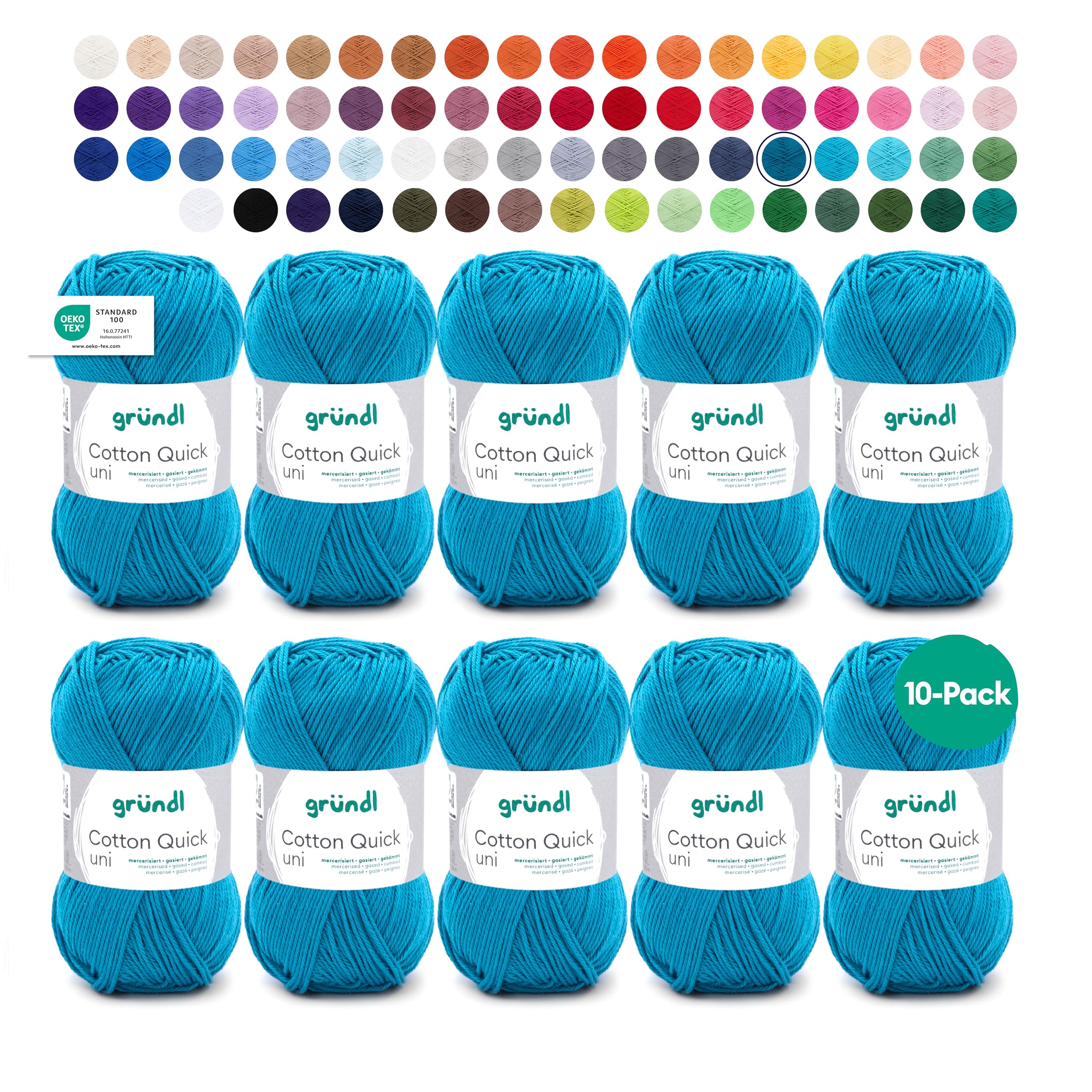 Gründl Wolle Cotton Quick uni - dünne Wolle zum Häkeln - Strickgarn - Häkelgarn - Glänzend und hautfreundlich - 100% Baumwolle - 10 Knäuel 50 g / 125 m - Nadelstärke 3-4 - Petrol