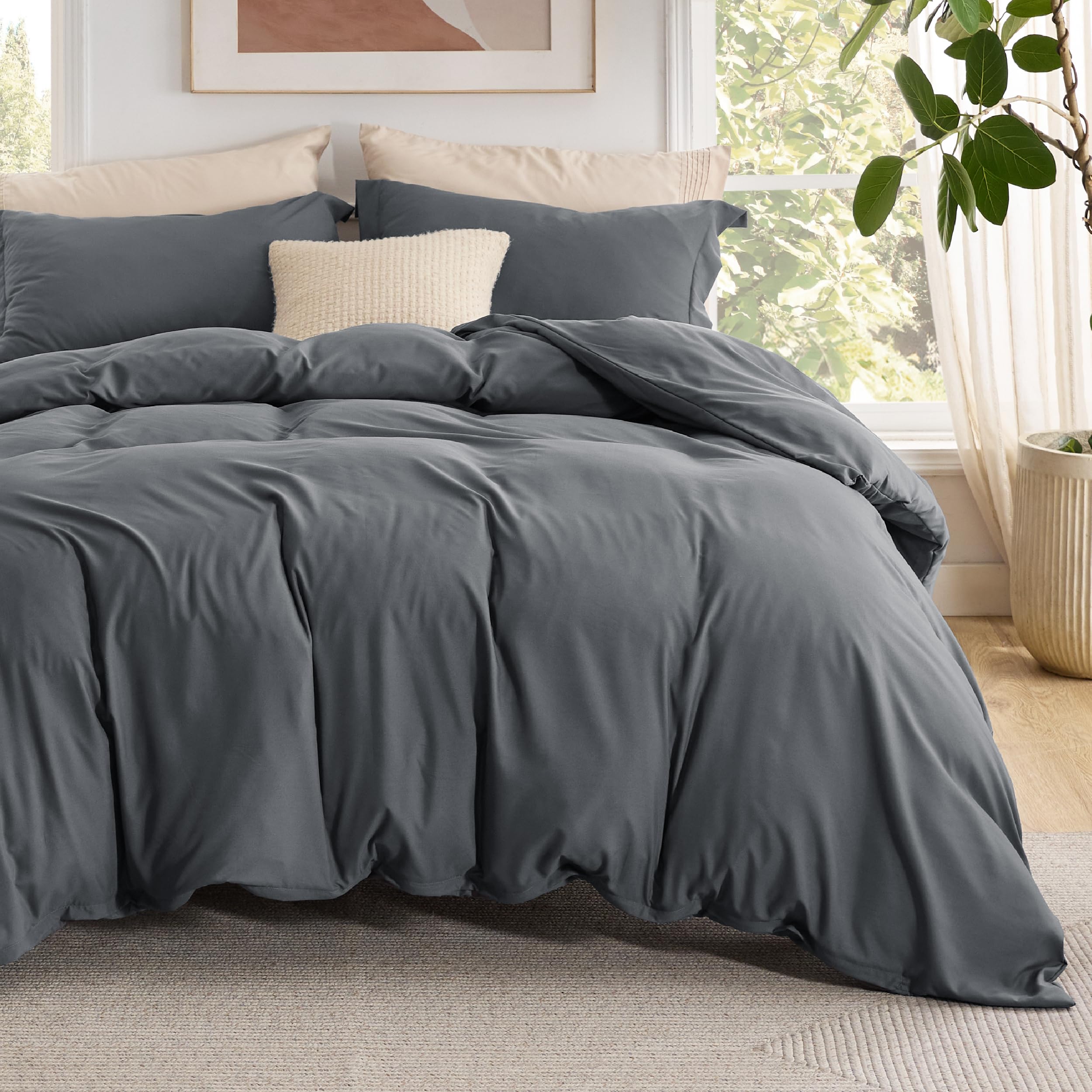 Bedsure Duvet Cover with Fitted Sheet King - 4 Pieces, Soft Double Brushed Bedding Set with Zipper Closure, Includes 1 Duvet Cover (104"x90"), 1 Fitted Sheet, 2 Pillow Shams, NO Comforter, Dark Grey