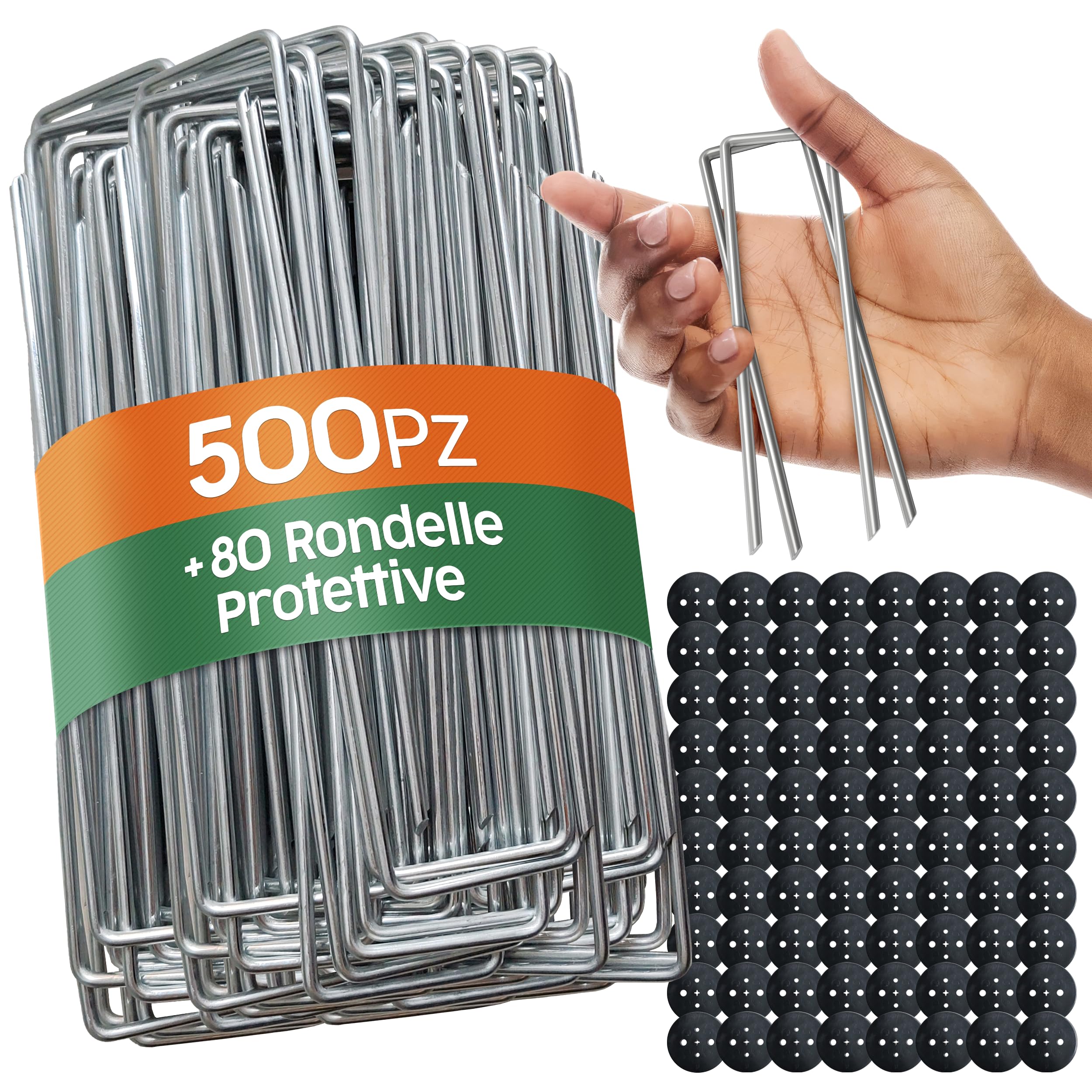 PORTENTUM Picchetti da Giardino 500 pz + 80 Rondelle - Picchetti Telo Pacciamatura, Picchetti Ancoraggio per Campeggio e Prato Sintetico, Resistenti in Acciaio Zincato