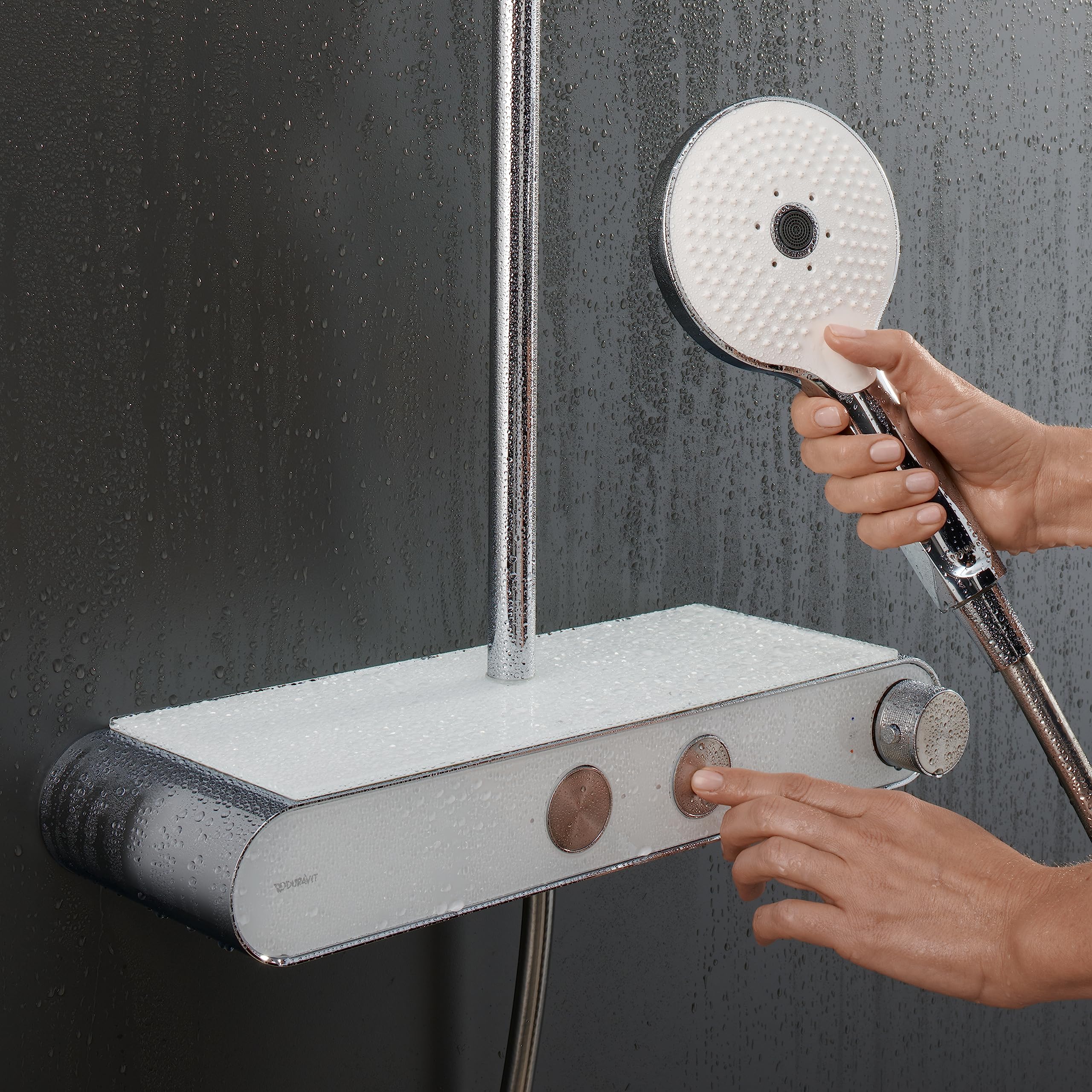 Duravit Duschsystem, wassersparendes Shower System, Duschkopf mit 3 Strahlarten (Rain, Pulse, Mono), im Winkel verstellbar, Duschset reinigungsfreundlich, Duschsystem mit Thermostat, Chrom/Weiß