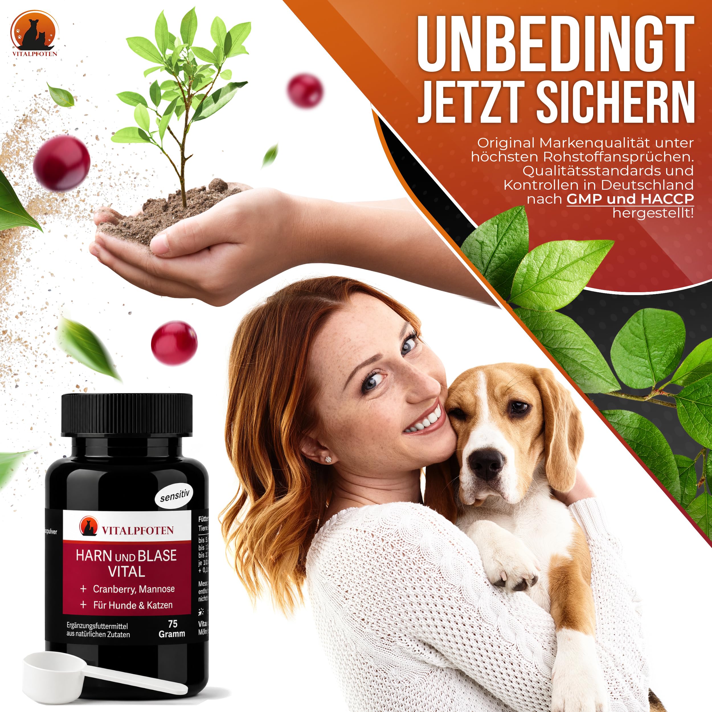 75 Gramm Harn und Blase Vital sensitiv Pulver für Hunde & Katzen mit Cranberry, Mannose und Kürbiskern, pflanzliche Hausmittel - Rezeptur bei Blasenentzündungen und Inkontinenz