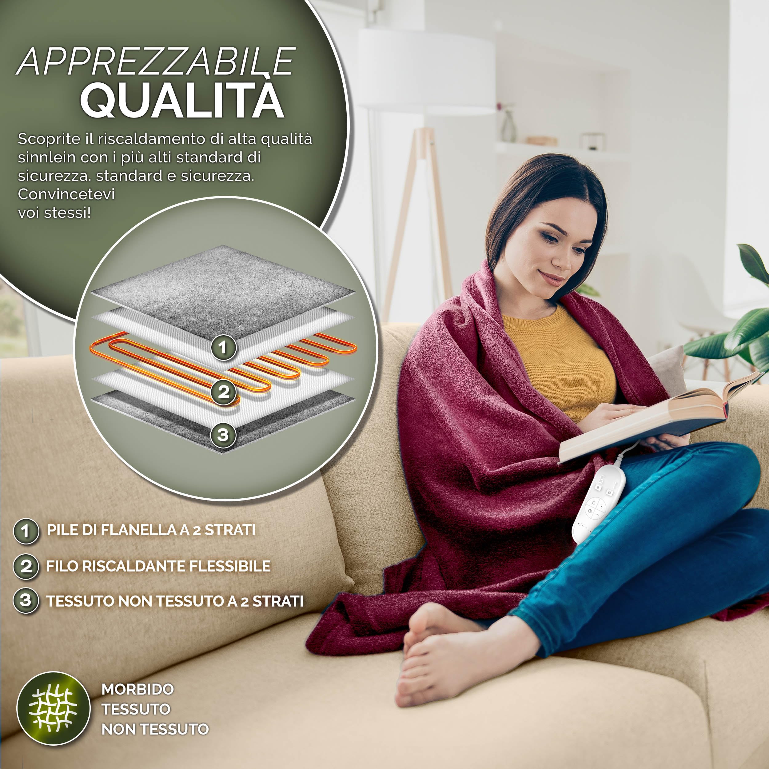 sinnlein® Sottocoperta Elettrica 180x130cm | Scaldaletto Elettrico con Spegnimento Automatico | Coprimaterasso Termico | Timer | 9 Livelli di Temperatura