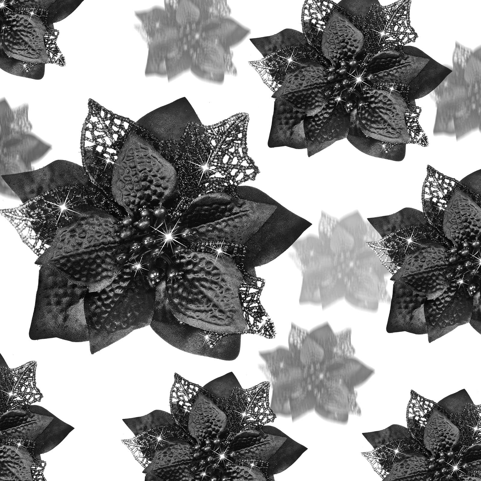 Boao 24 Pieces Christmas Glitter Poinsettia Flowers Artificial Xmas Flowers Wedding Christmas Tree New Year Ornaments (Black)