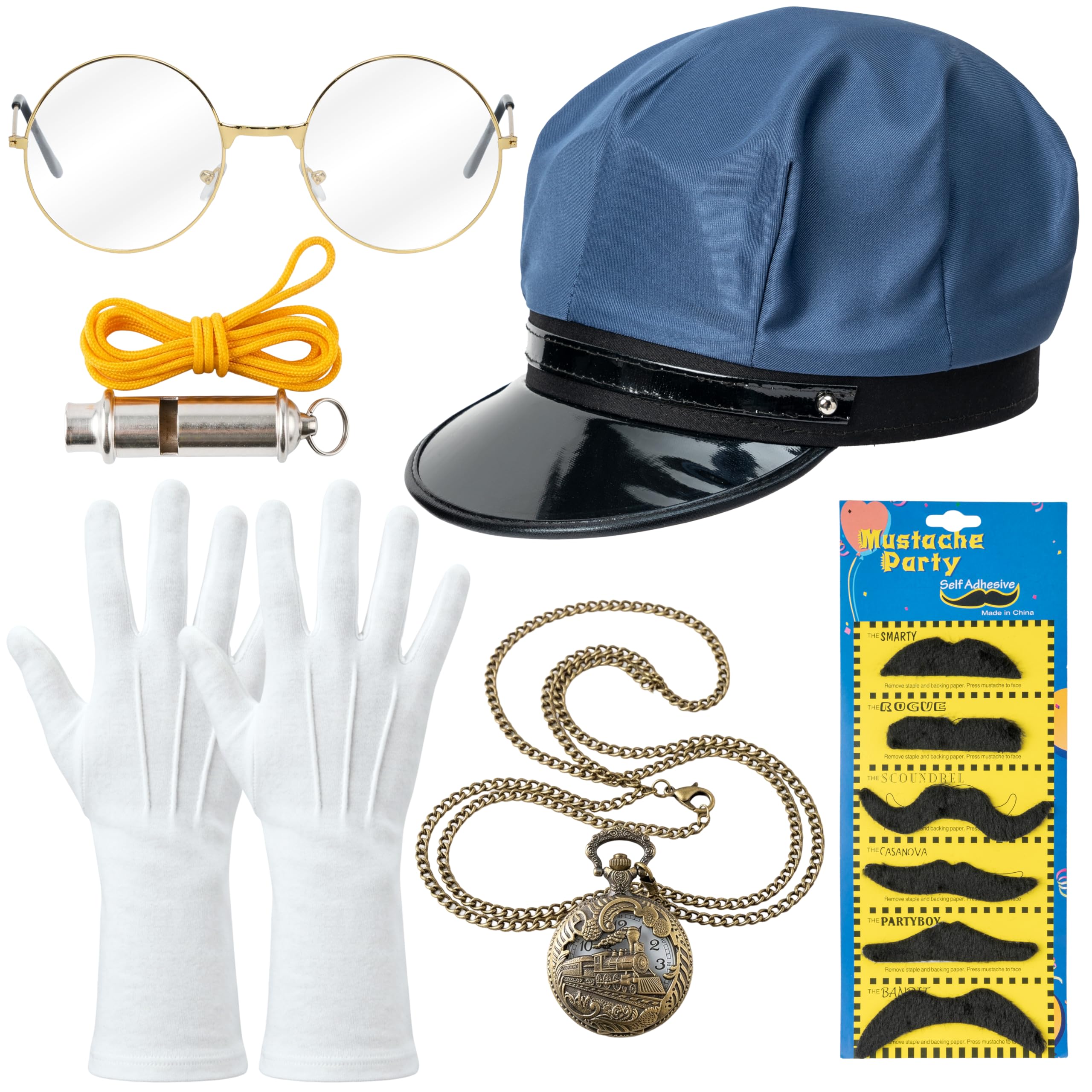 E1mity Train Conductor Costume Accessories, Train Driver Fancy Dress Express Costume Set with Conductor Hat Train Whistle Pocket Watch Mustaches for Adults Men Women World Book Day Themed Parties