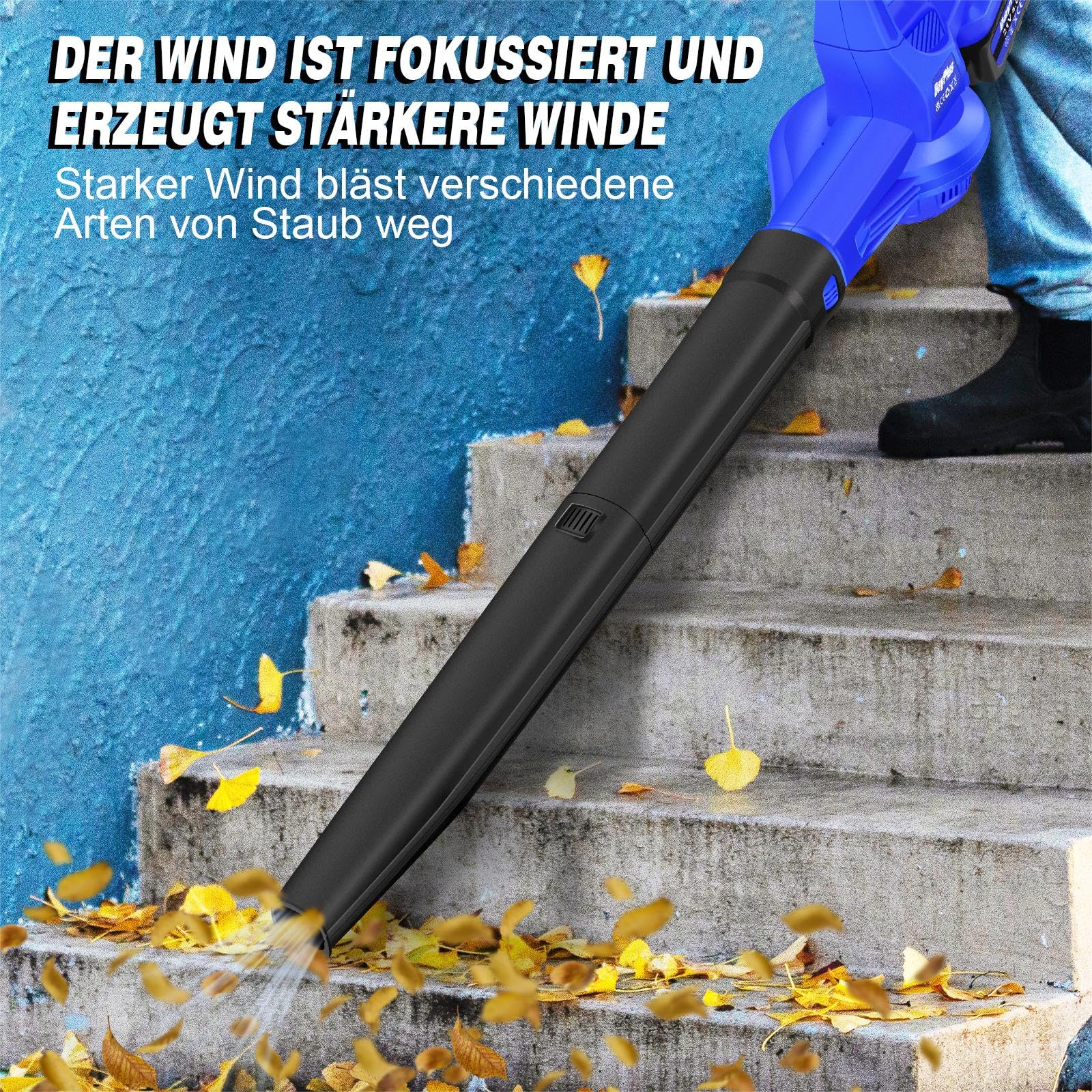 Huini Soffiatore a batteria blu, 300 W, soffiatore a mano, 220 CFM con batteria e caricatore, soffiatore elettrico per la cura del prato e della pulizia del giardino