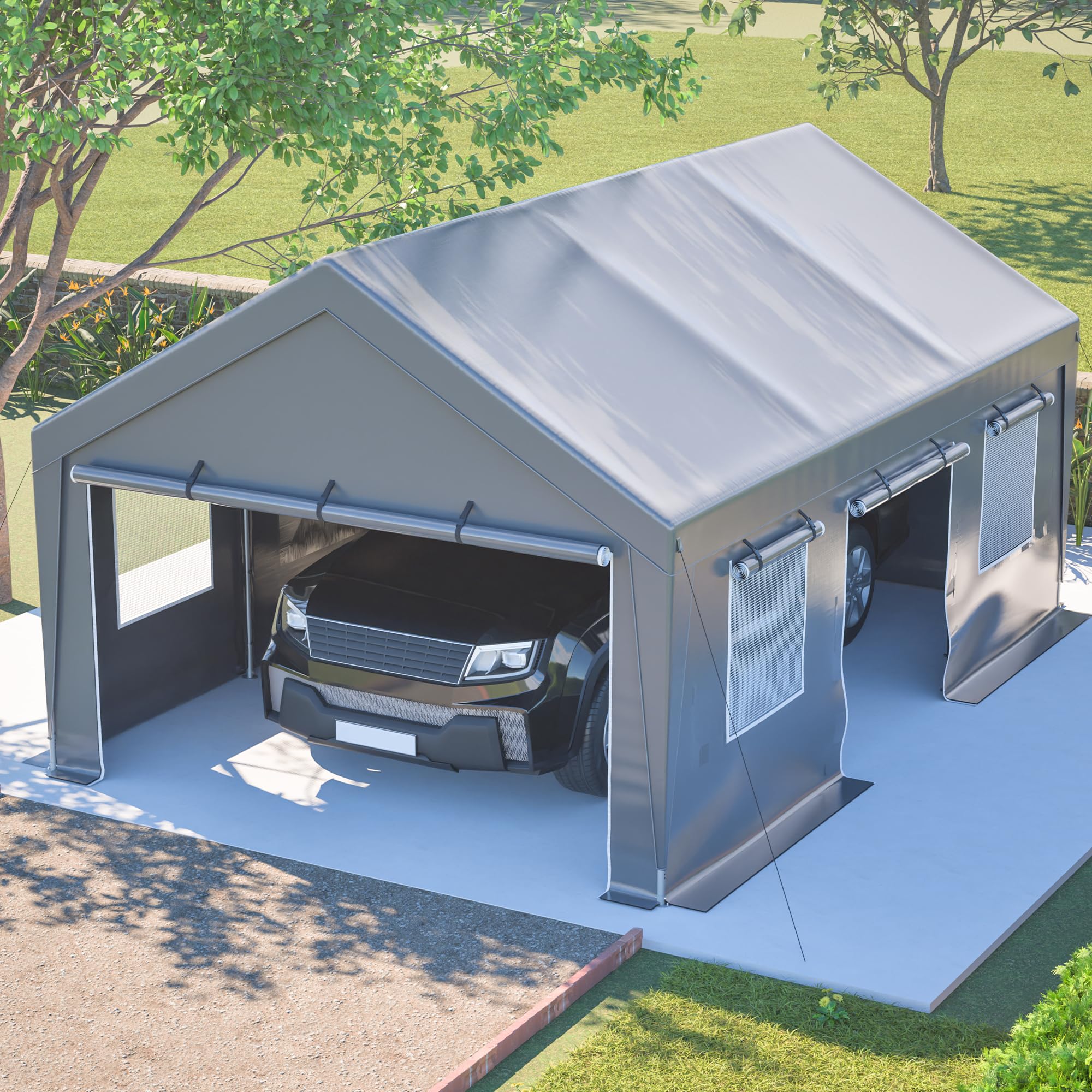 Allwetter Zeltgarage 6x4x3 m, Autozelt mit Rolltoren, Moskitonetzen, UV-Schutz, wasserdicht, feuerverzinkter Stahlrahmen, Grau