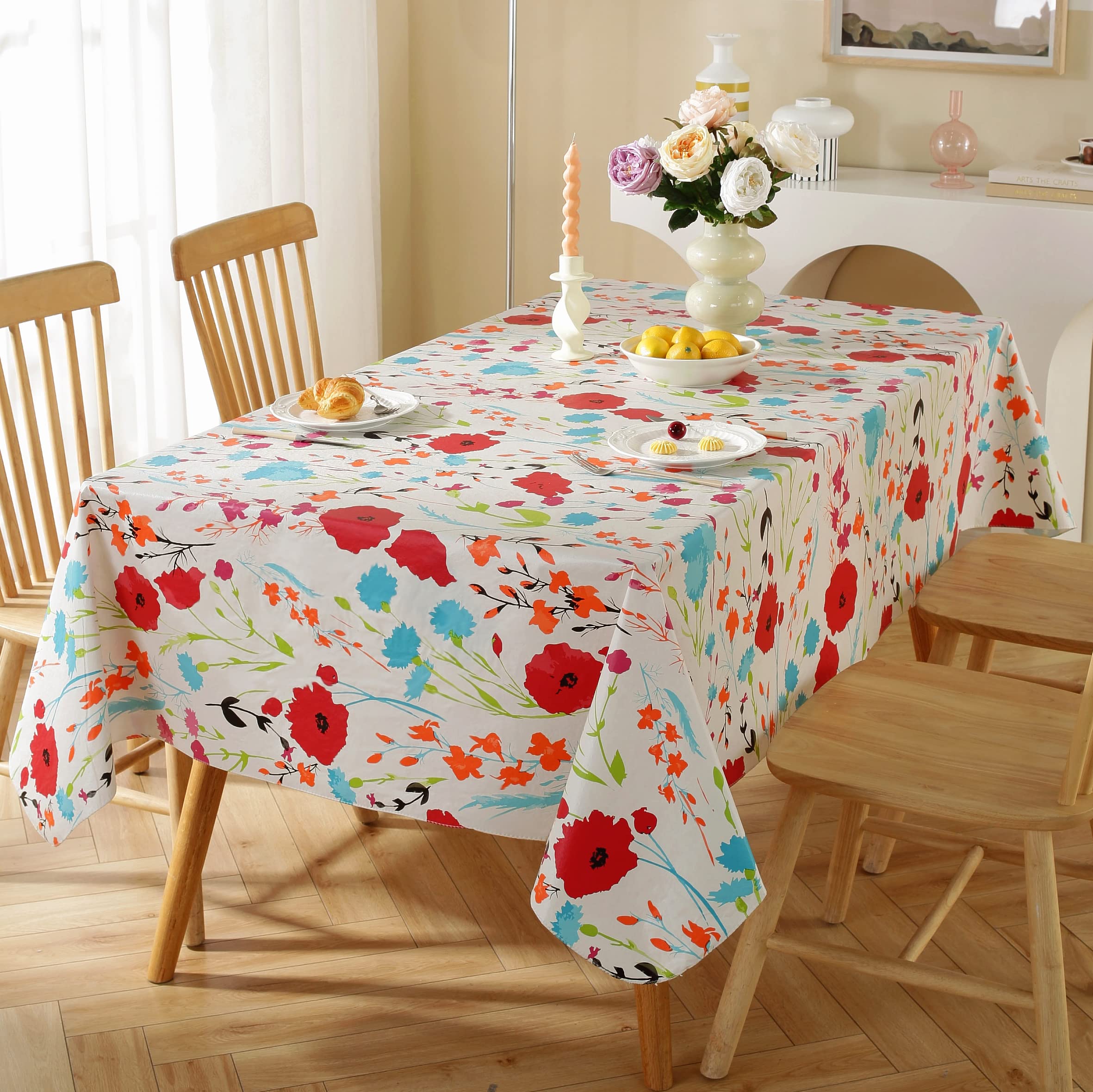 SASTYBALE Vinyl Tablecloth with Flannel Backing, Water-Proof Oil-Proof PVC Tablecloths Stain-Resistant Wipeable 52 x 70 Inch Rectangle Table Covers for Dining, Camping, Indoor and Outdoor