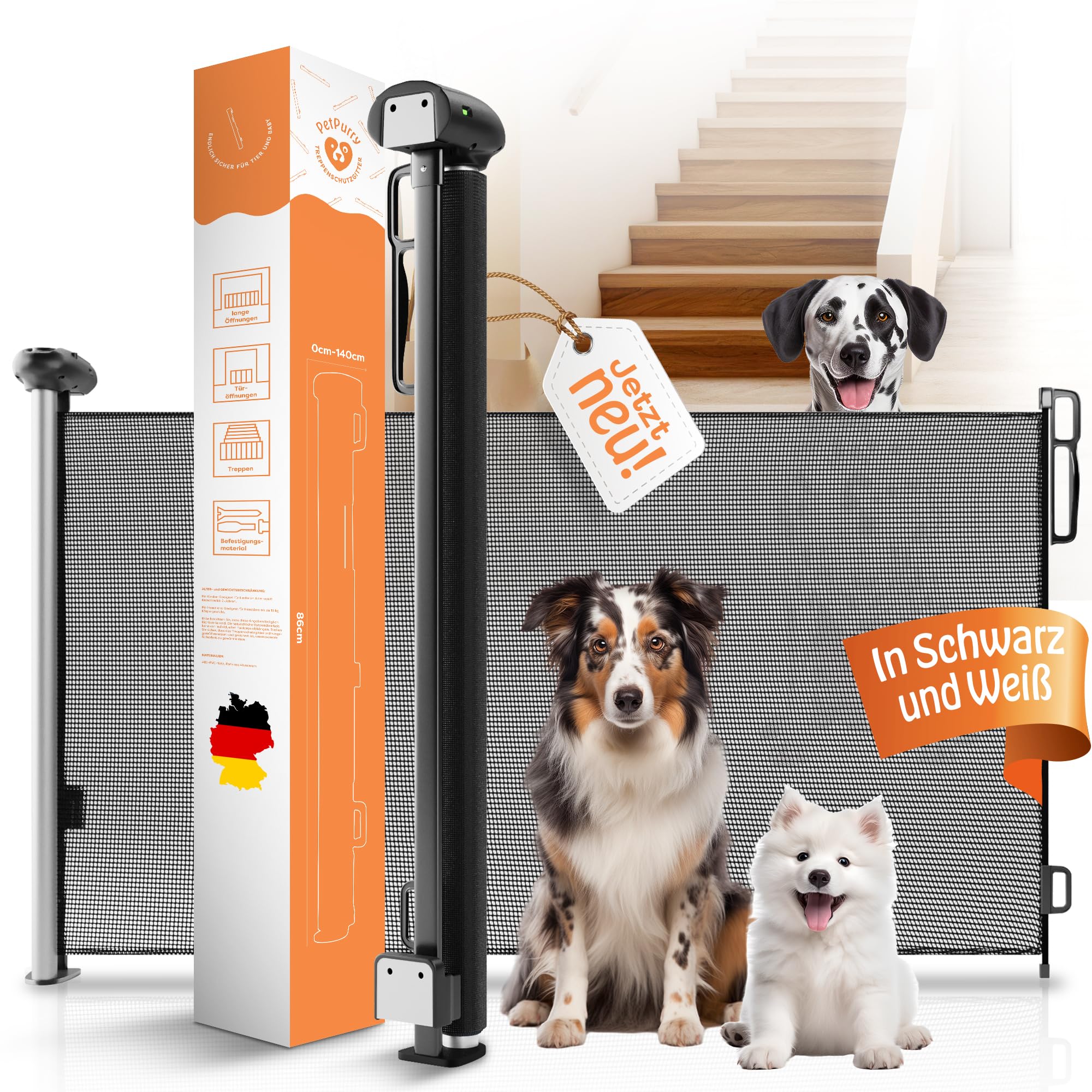 petpurry® Treppenschutzgitter Türschutzgitter - schwarz - Treppenschutzgitter ausziehbar 0-140cm - Treppenschutz für Haustiere und Kinder - Geeignet für Treppen und Türen