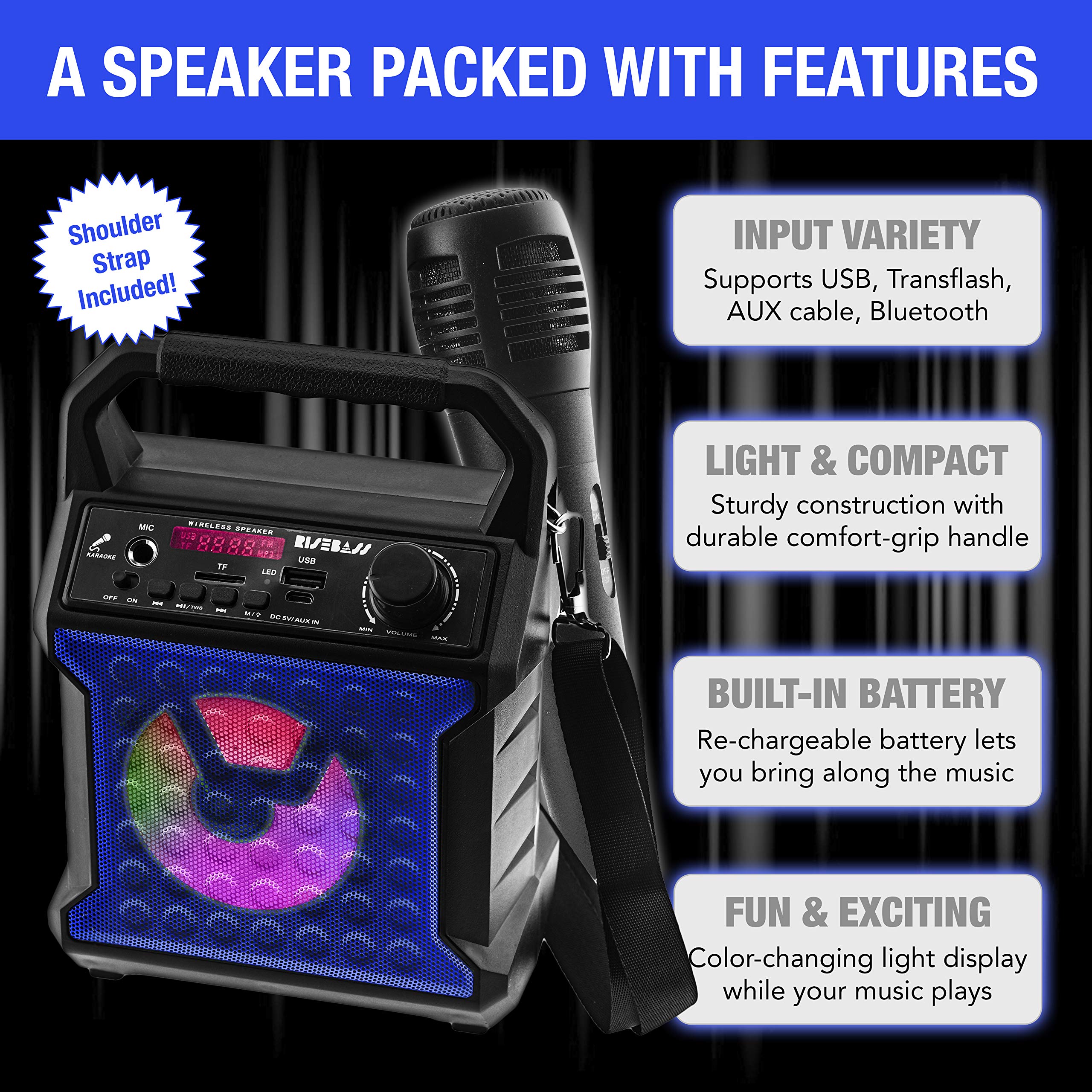 Risebass Portable Karaoke Machine with Microphone with Party Lights for Kids and Adults - Rechargeable USB Speaker Set with Bluetooth, FM Radio SD/TF Card, AUX-in, Birthday Gift for Boys and Girls — Amazon image 3