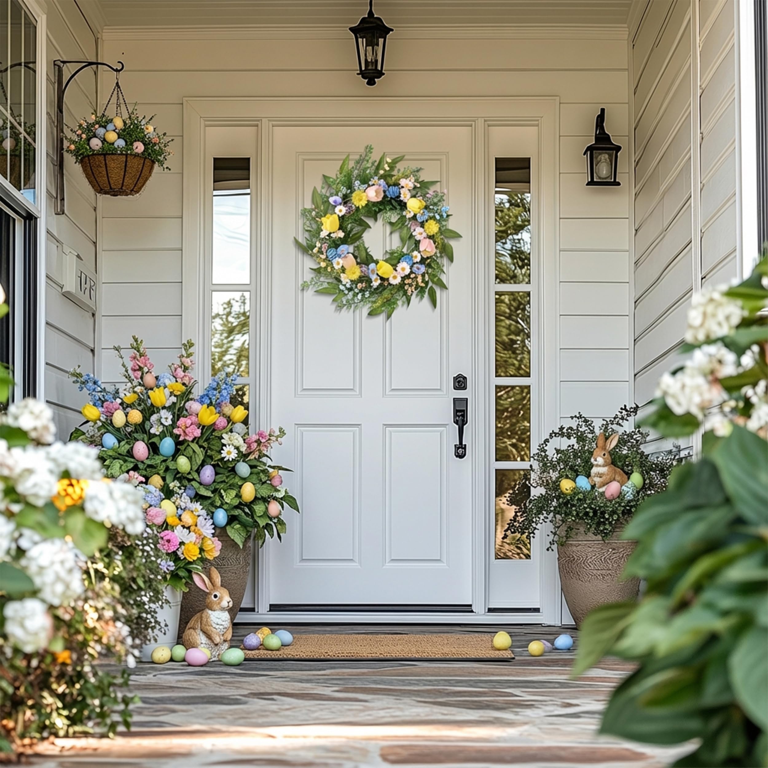 Valery Madelyn Corona de Pascua plegable preiluminada de 24 pulgadas para puerta delantera, corona de puerta de primavera iluminada con huevo pastel y flor de margarita, decoración de granja de