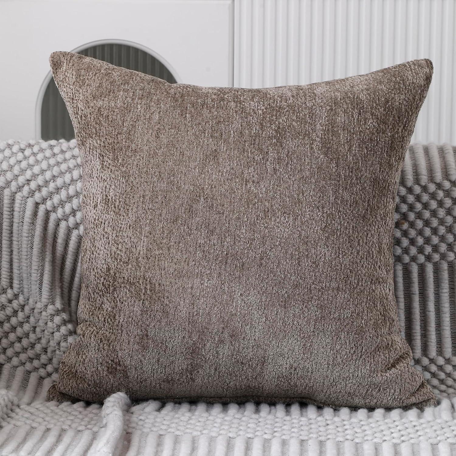 Chenille Decorative Pillow Covers 18x18 Inches Set of 2 Pieces,Bohemian Farmhouse Style with Blue Striped and Khaki Lurex Patchwork, Ideal for Living Room Sofa and Bedroom Bed