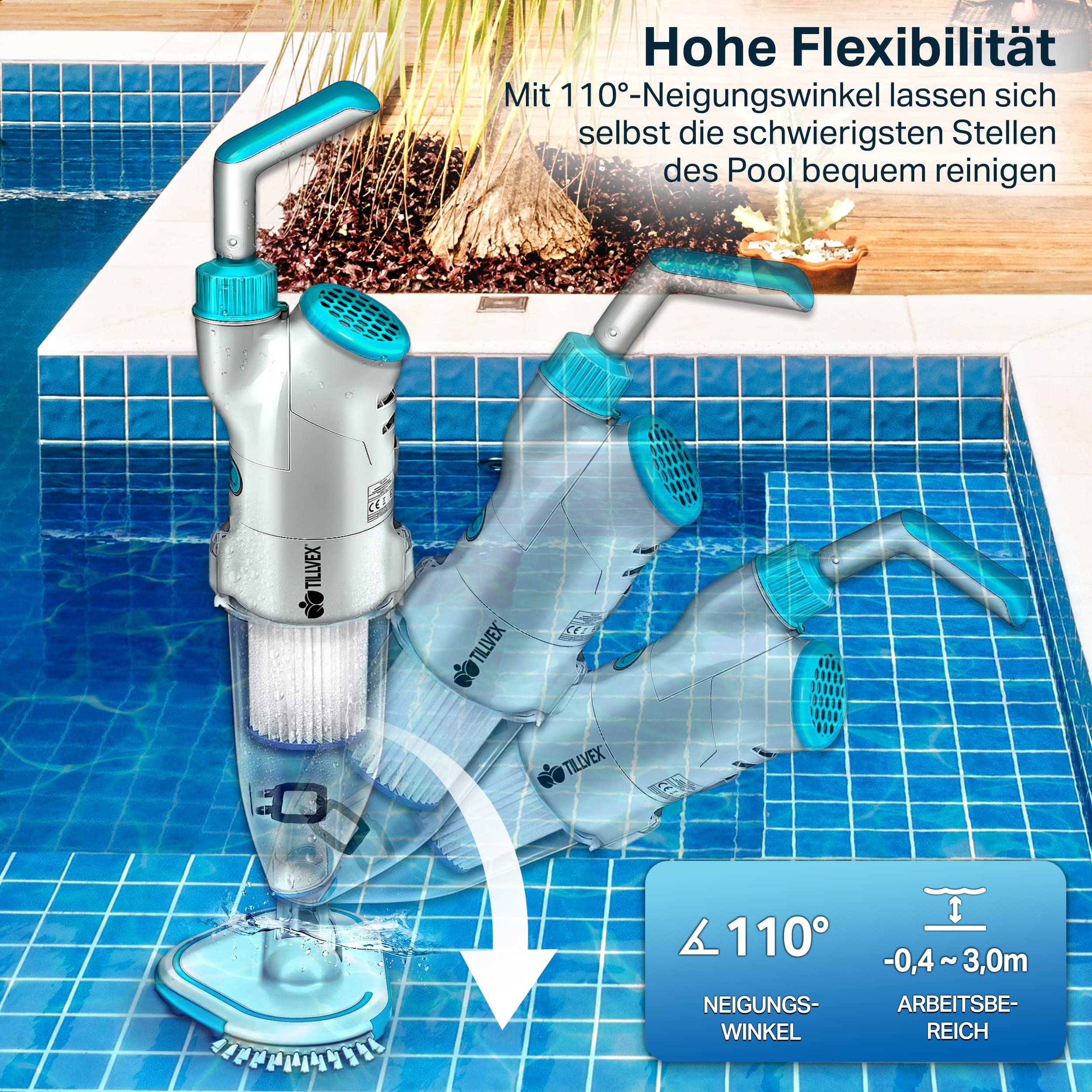 tillvex® Poolsauger mit Akku & Turbo-Modus | Pool Bodensauger mit Filter | Poolreiniger elektrisch mit Absaugung 4200L/H | Handsauger Reinigungsset kabellos Pool & Spa | Laufzeit bis zu 60 Minuten