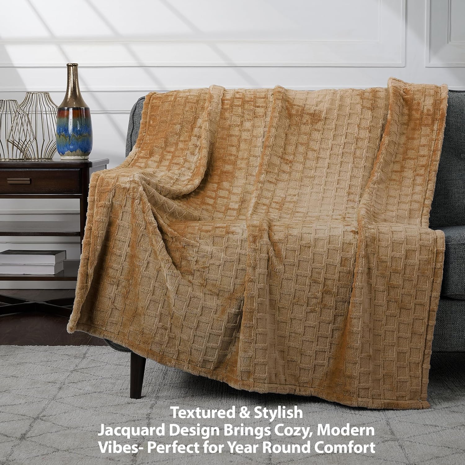 Velvet Plush Jacquard Tile Throw Blanket for Couch - Buttery Soft, Cozy Throw, for Women (Amber Gold, 50" x 60")
