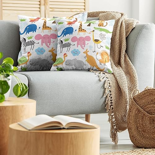 Miniatura 5 de Ambesonne Paquete de 2 fundas de cojín de animales, diseño de jirafa, elefante, cebra, tortuga, niños, guardería, estampado de dibujos animados,