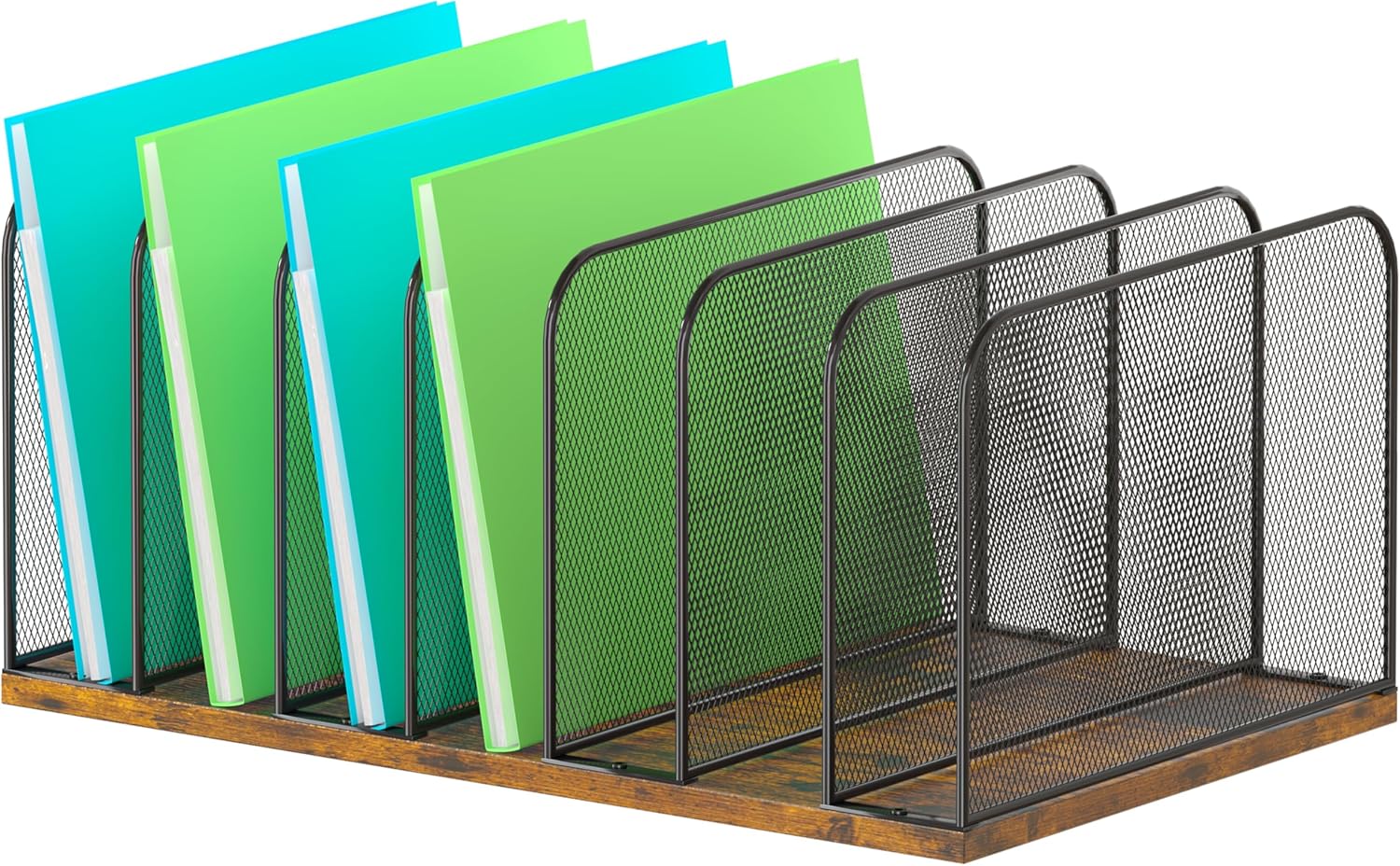 Piskyet Wooden Desk File Organizer, 7-Section Vertical File Folder Holder Stand,Metal Mail Paper Chromebook Organizer for Teacher Desk Office Classroom Desktop Organization